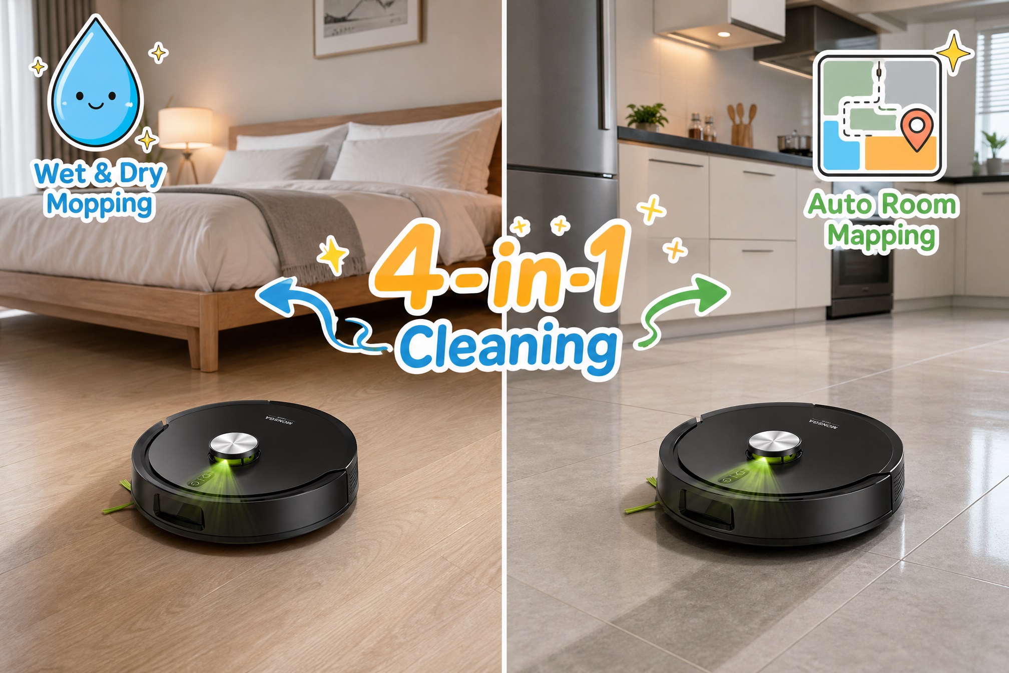 A split-screen comparison image with the text "4-in-1 Cleaning" in the center. The left shows the MONSGA robot vacuum in a bedroom with a "Wet & Dry Mopping" icon; the right shows it in a kitchen with an "Auto Room Mapping" icon.