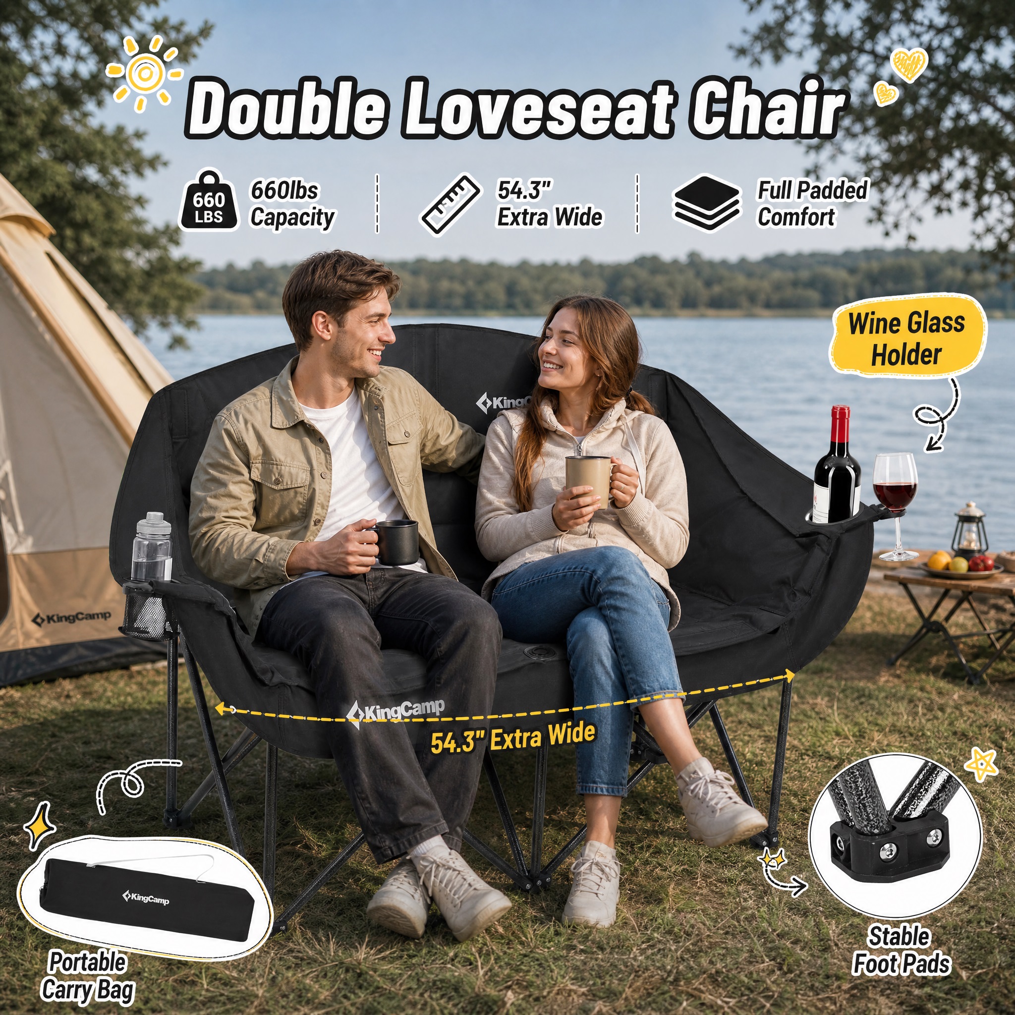 Promotional graphic for the KingCamp Double Loveseat Chair, featuring a couple relaxing in the padded chair at a campsite. Highlights include 660lbs capacity, 54.3-inch extra-wide seat, full padding, a dedicated wine glass holder, stable foot pads, and portability.