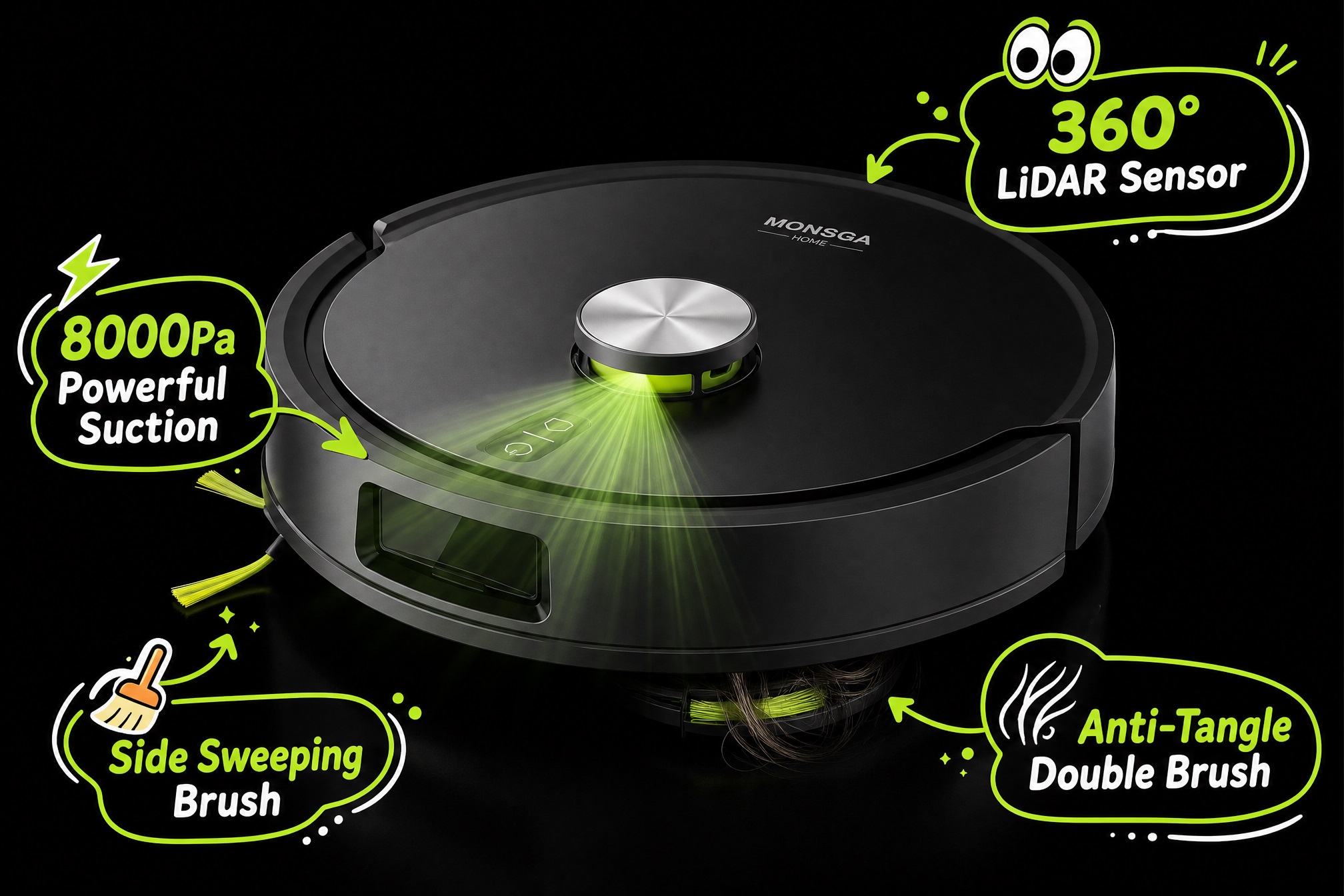 A close-up view of the MONSGA robot vacuum on a black background, with the LiDAR sensor glowing. Green speech bubble callouts with text highlight its specifications: "8000Pa Powerful Suction," "Side Sweeping Brush," "Anti-Tangle Double Brush," and "360° LiDAR Sensor."
