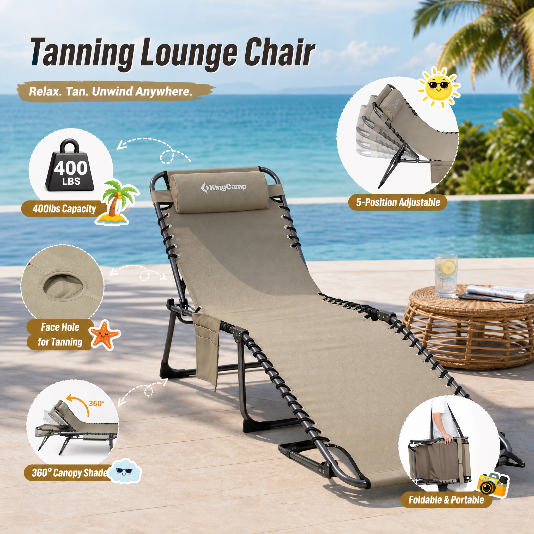 Detailed infographic for the KingCamp Tanning Lounge Chair by a pool, illustrating the 400lbs capacity, 5-position adjustable back, face hole for tanning, 360-degree canopy shade, and its foldable/portable design.