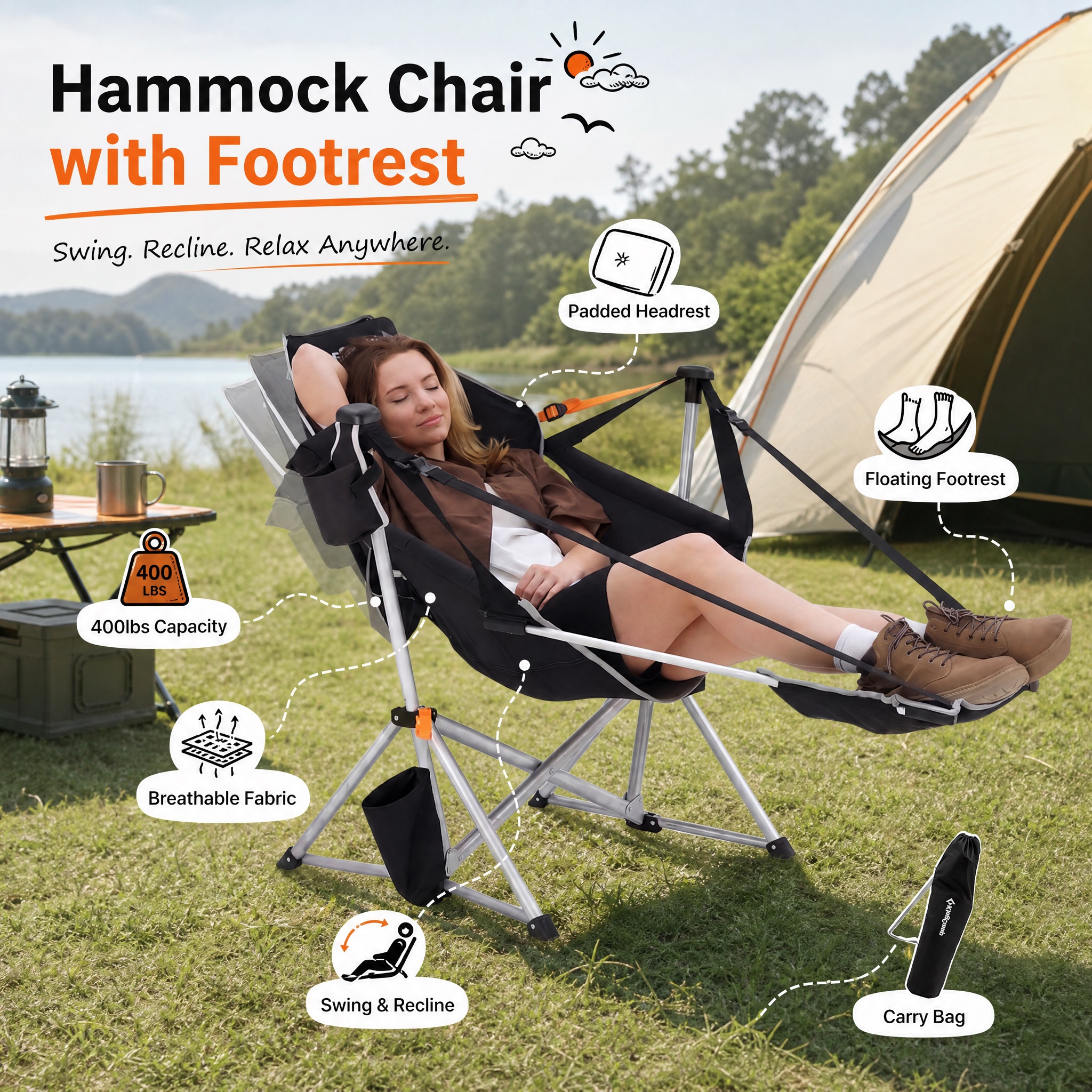 Marketing image for the KingCamp Hammock Chair with Footrest, featuring a woman relaxing at a campsite. Key benefits pointed out are a 400lbs capacity, padded headrest, floating footrest, breathable fabric, swing & recline function, and an included carry bag.