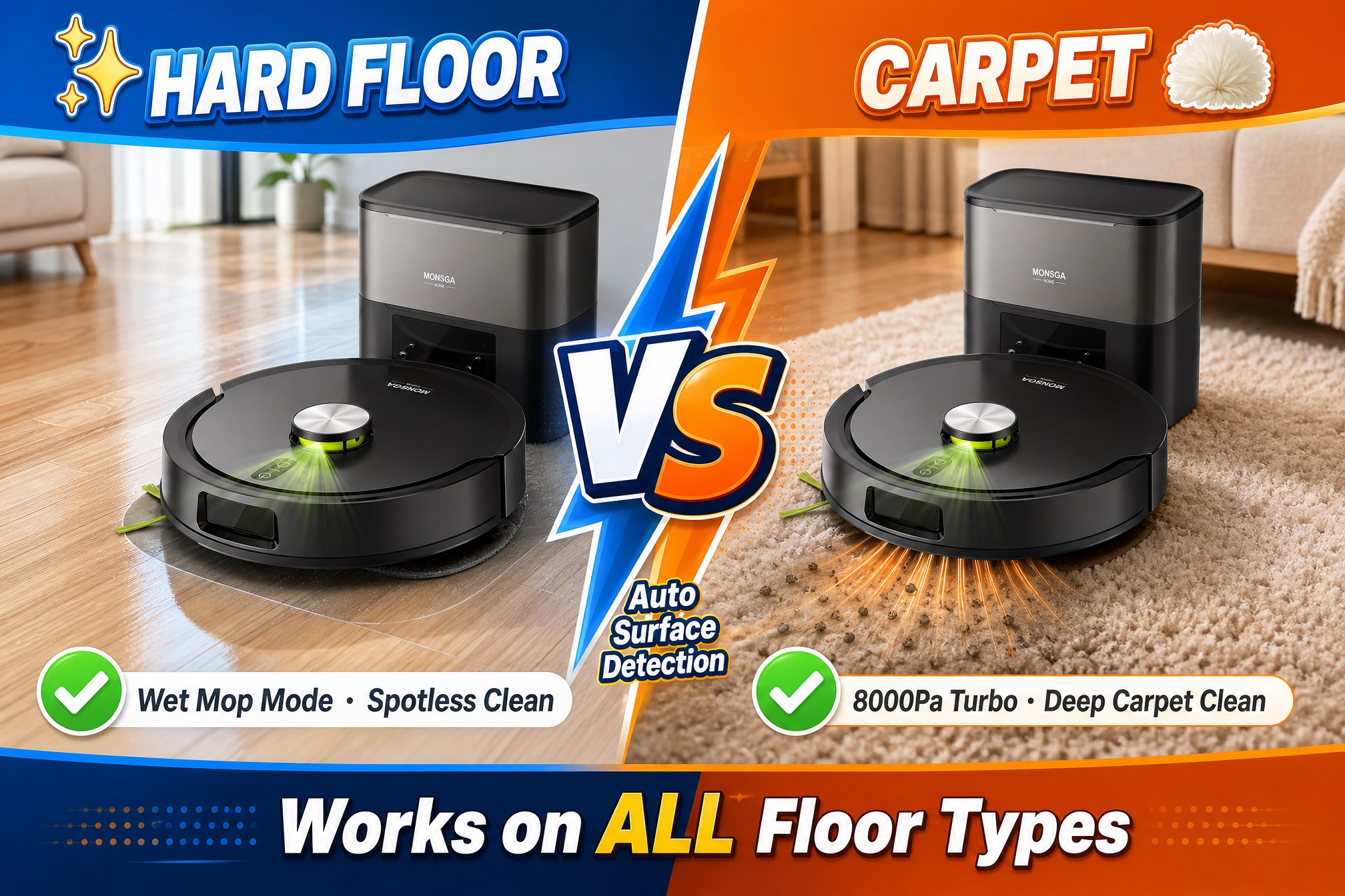 A split comparison image with a large "VS" icon and the text "Auto Surface Detection" in the center. The left side features the MONSGA robot vacuum on a wooden floor with the title "HARD FLOOR" and "Wet Mop Mode - Spotless Clean." The right side shows it on a carpet with the title "CARPET" and "8000Pa Turbo - Deep Carpet Clean." Text at the bottom reads, "Works on ALL Floor Types."