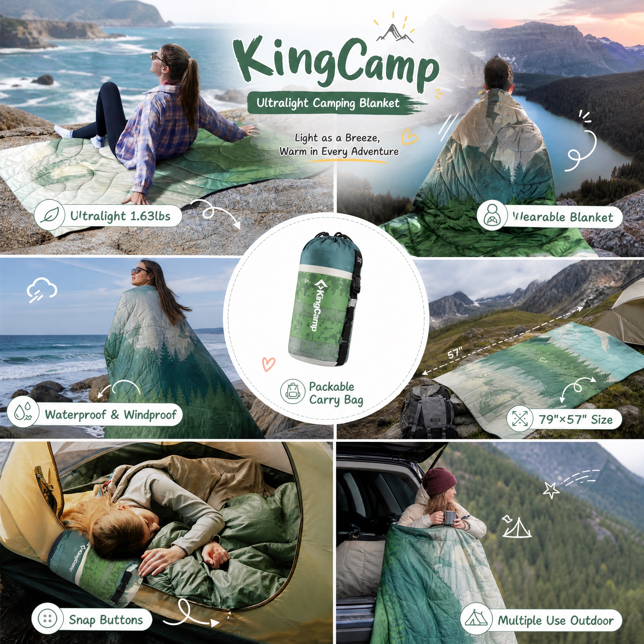 Multi-panel display for the KingCamp Ultralight Camping Blanket, showcasing its ultralight weight (1.63lbs), wearable design with snap buttons, packable carry bag, waterproof & windproof nature, and 79"x57" size for multiple outdoor uses.