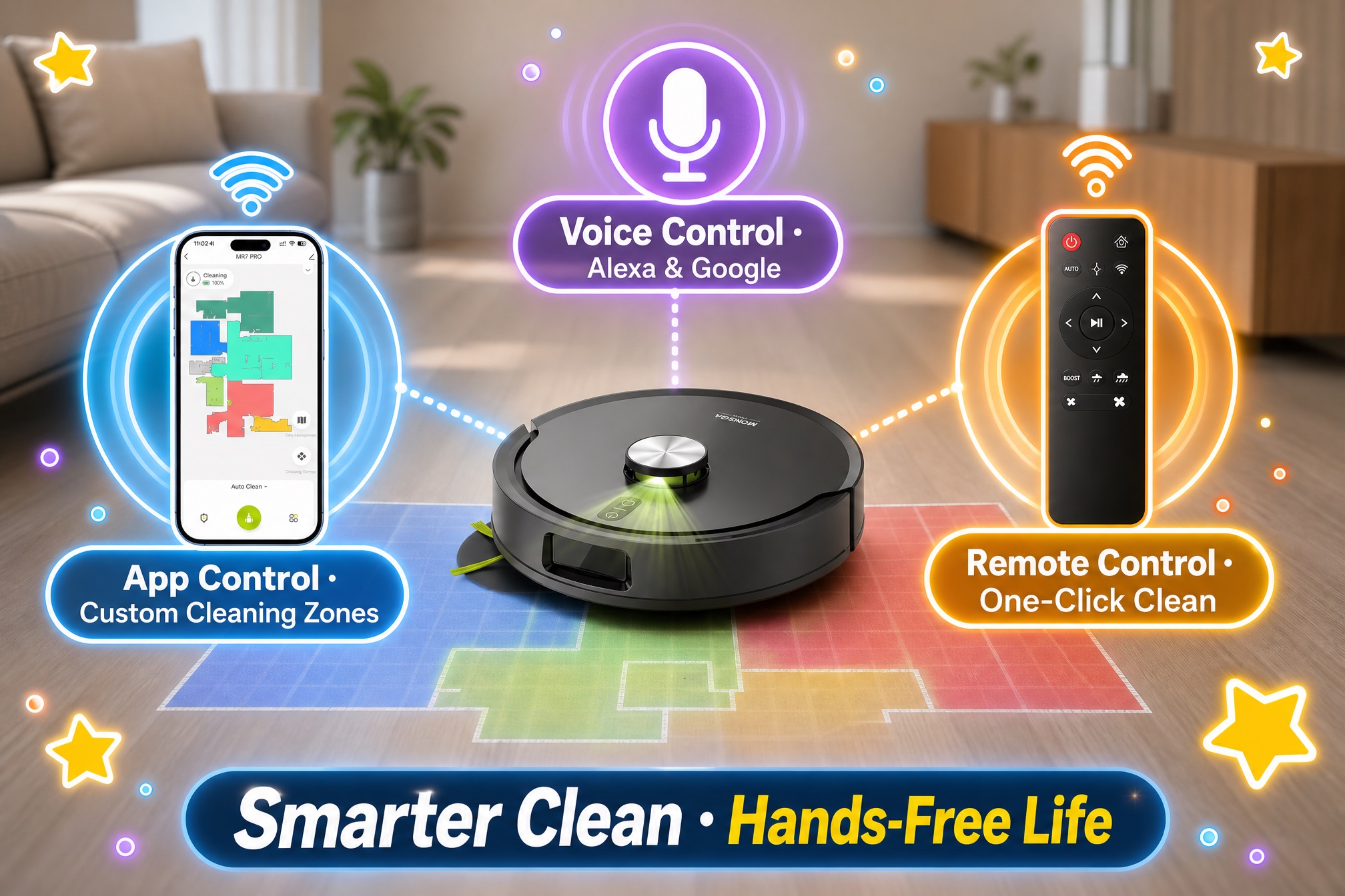 A close-up image of the MONSGA robot vacuum on a black floor, with its LiDAR sensor emitting green light. Three glowing callout bubbles surround it, showcasing control methods: a smartphone on the left with text "App Control - Custom Cleaning Zones," a microphone in the center with text "Voice Control - Alexa & Google," and a remote on the right with text "Remote Control - One-Click Clean." Large text at the bottom reads, "Smarter Clean - Hands-Free Life."