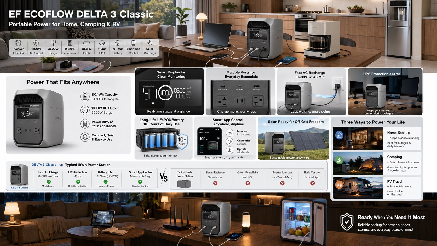 Promotional infographic for the EcoFlow DELTA 3 Classic Portable Power Station. Key spec icons for 1024Wh LFP battery, 1800W output, <1 hr charge, <10ms UPS, and 10-year lifespan are shown at the top. Below are feature close-up insets for the display, multi-ports, fast recharge outlet, UPS, LFP battery detail, app control, and solar panel. The bottom features a comparison chart (DELTA 3 Classic vs. Typical 1kWh Power Station) and application scenarios (Home Backup, Camping, RV Travel).