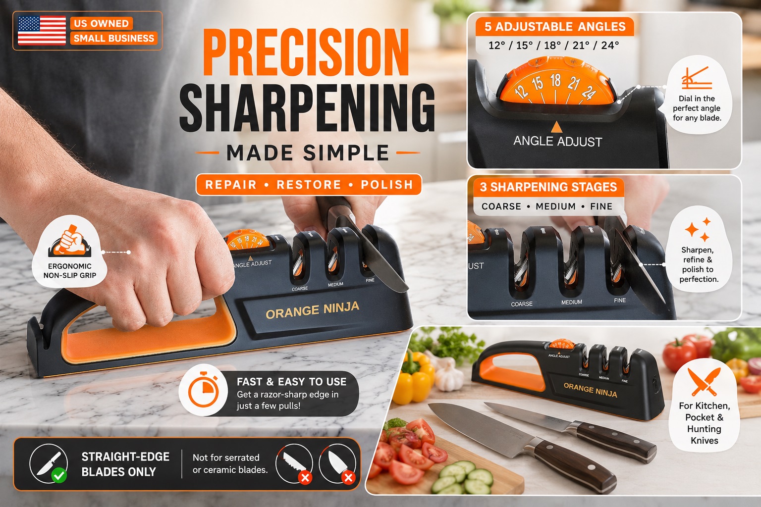 An infographic showing a multi-functional knife sharpener with an orange handle and 'Orange Ninja' text. Callouts highlight: 5 adjustable angles (12° to 24°); 3 sharpening stages (Coarse, Medium, Fine); and an ergonomic, non-slip grip. It specifies it is for straight-edge blades only.
