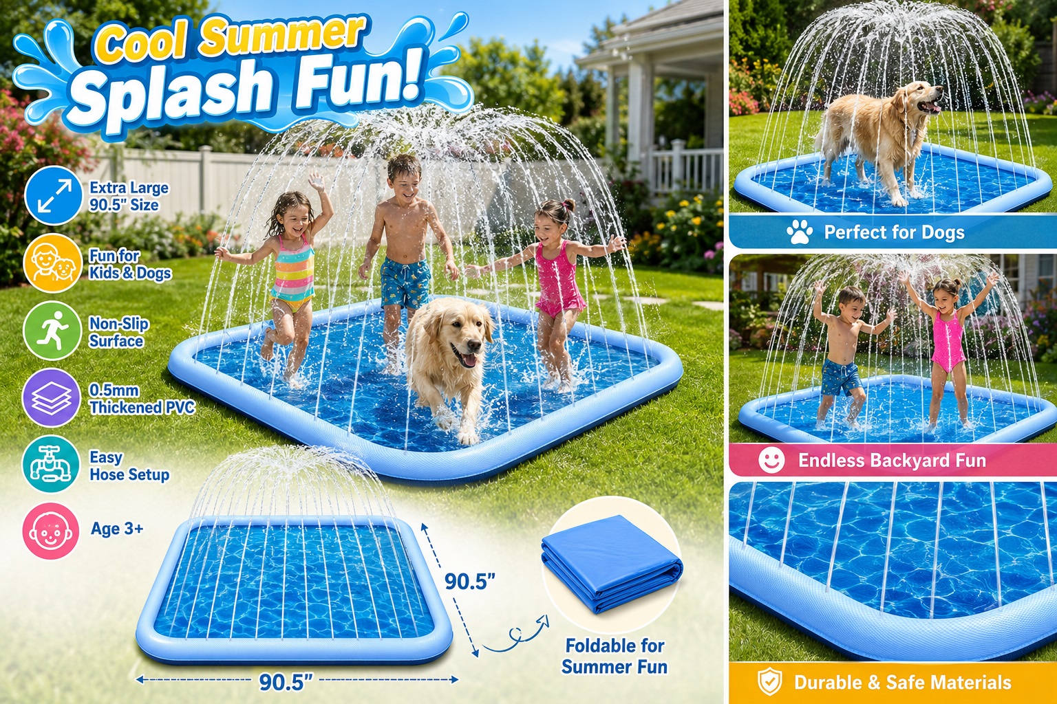 A 90.5-inch square inflatable splash pad on a green lawn with three children and a golden retriever playing happily under water fountains. Side panel highlights features: 0.5mm thickened PVC, non-slip surface, easy hose setup, and foldable design.