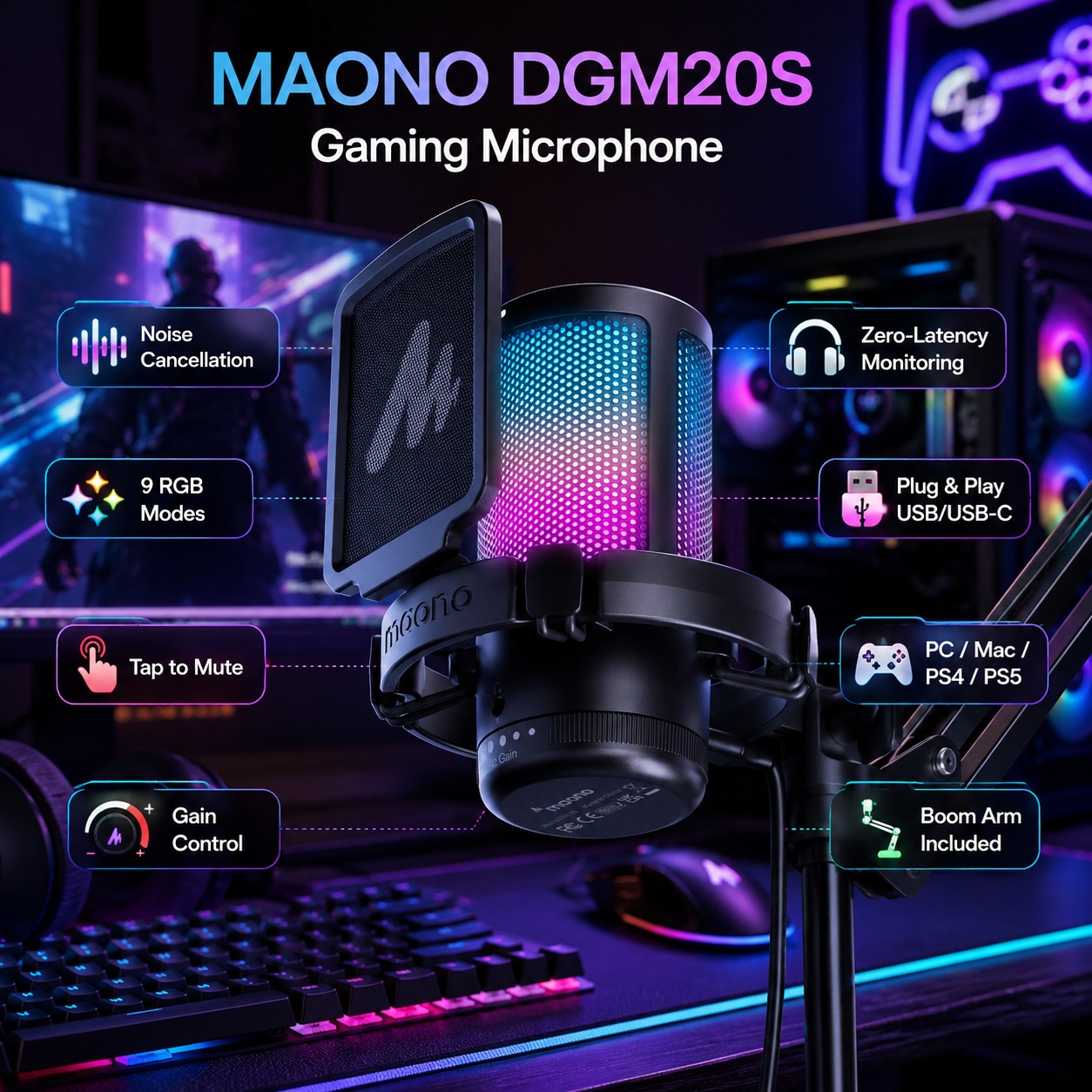 A close-up promotional image of the MAONO DGM20S gaming microphone, which features vibrant RGB lighting and is mounted on a boom arm. Surrounding icons highlight features like noise cancellation, tap-to-mute, gain control, and compatibility with PC, Mac, and consoles.