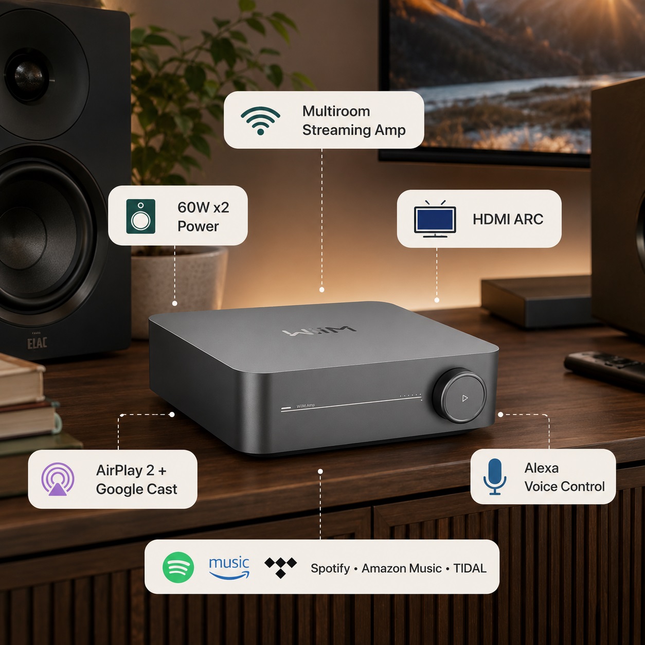 WiiM Amp streaming amplifier features including 60W x2 power, multiroom streaming, HDMI ARC, AirPlay 2, Google Cast, Alexa, and support for Spotify, Amazon Music, and TIDAL.