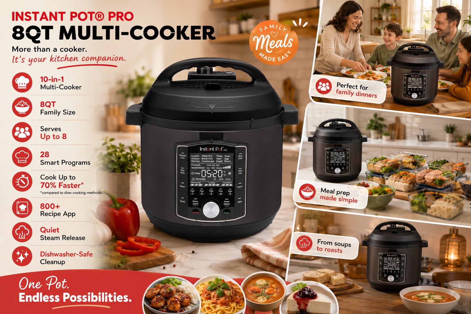 Infographic for Instant Pot Pro 8QT Multi-Cooker highlighting its 10-in-1 functions, 28 smart programs, and family size serving up to 8 people, surrounded by prepared family meals.