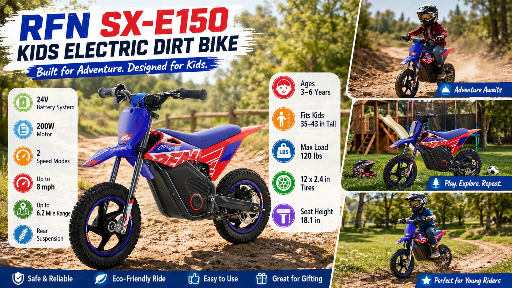 RFN SX-E150 kids electric dirt bike infographic showing a blue and red miniature motorcycle, highlighting key features like a 24V battery, 200W motor, rear suspension, 8 mph max speed, and suitability for kids ages 3-6.