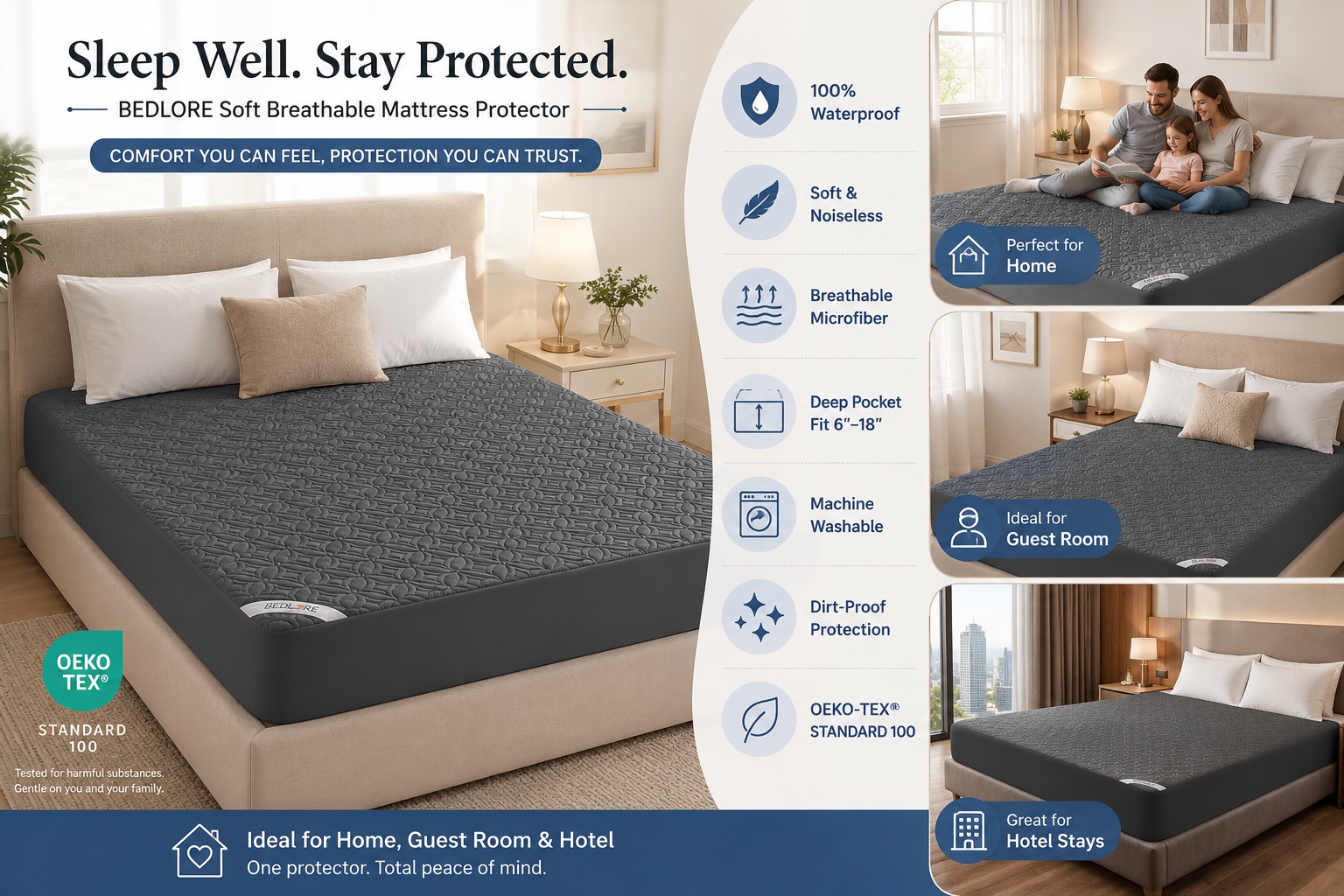 Promotional banner for BEDLORE Soft Breathable Mattress Protector in dark grey, highlighting key features like 100% waterproof, soft & noiseless, breathable microfiber, and OEKO-TEX certification. Side panels show the protector styled on beds in a family home, guest room, and luxury hotel setting.