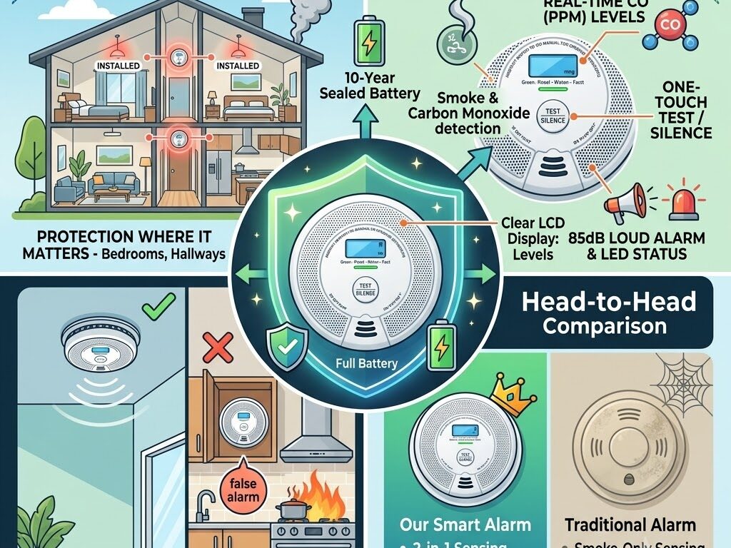 Infographic for the X-Sense 2-in-1 smoke and carbon monoxide alarm, titled 'Ultimate Home Guardian'. It displays a house diagram showing ideal placement in bedrooms and hallways, details key product features like a 10-year battery and 85dB alarm, and shows a comparison chart highlighting its advantages over traditional alarms.