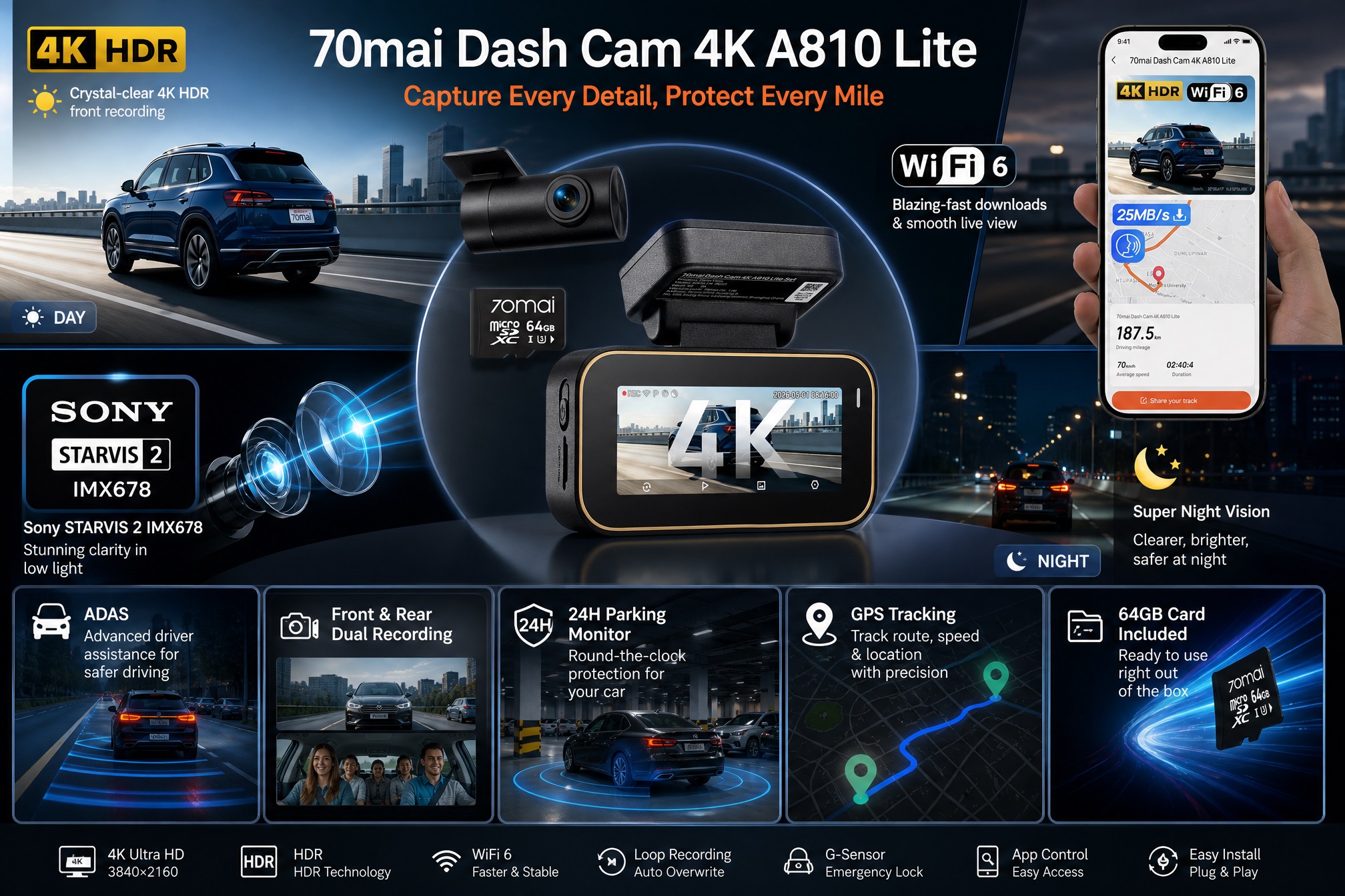 Promotional image for the 70mai Dash Cam 4K A810 Lite, highlighting key features such as 4K HDR recording, Sony STARVIS 2 IMX678 sensor, Wi-Fi 6 connectivity, and 24H parking monitoring.