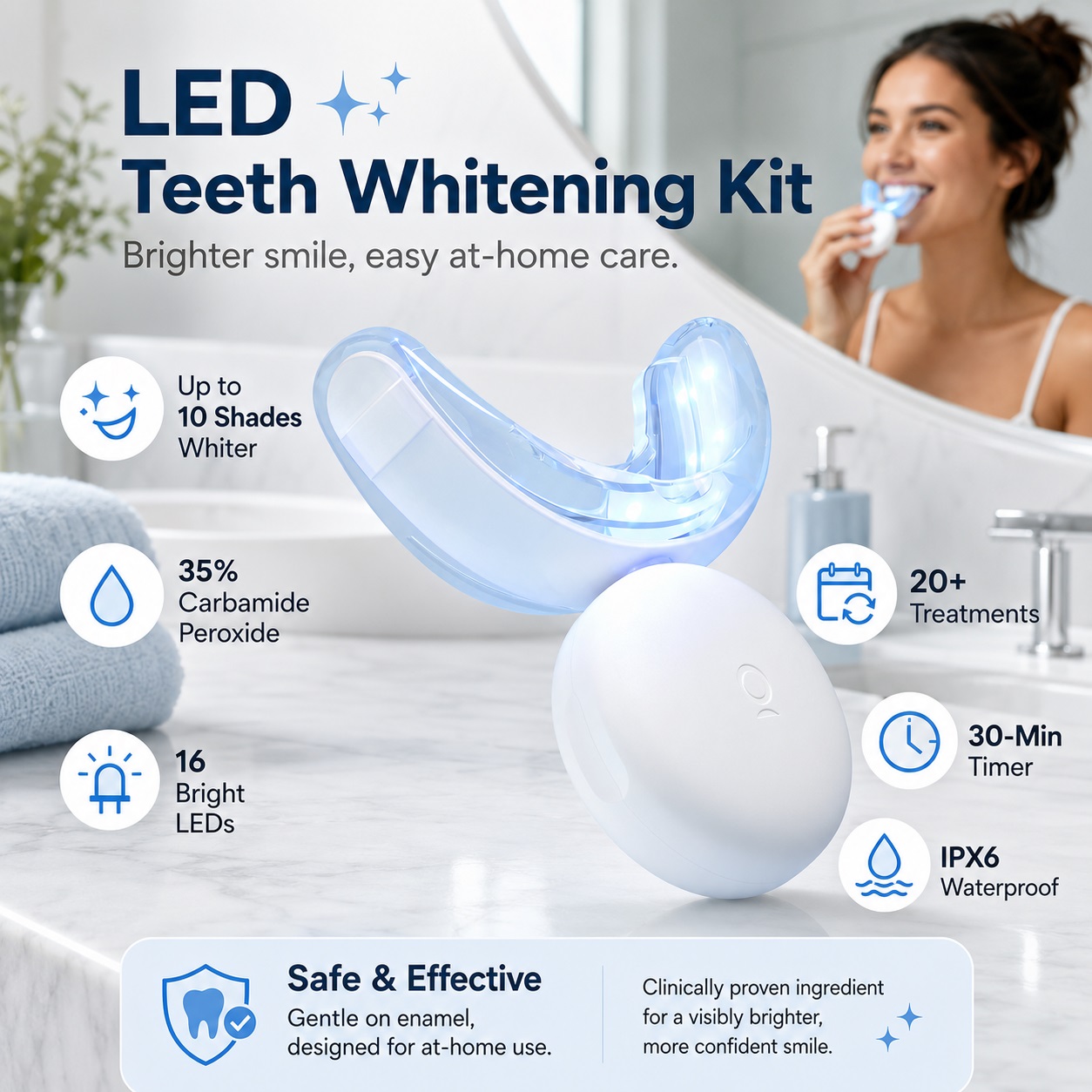 Auraglow LED Teeth Whitening Kit infographic featuring a glowing blue light mouth tray, a white charging case, and icons highlighting 35% Carbamide Peroxide, 16 bright LEDs, and a 30-minute timer.