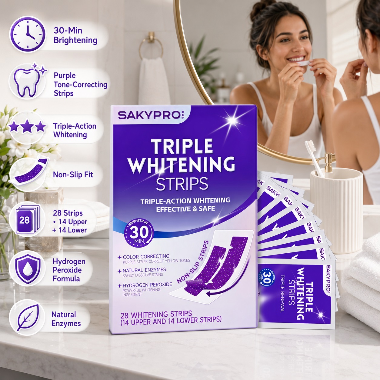 SAKYPRO TRIPLE WHITENING STRIPS packaging showing a purple box of 28 teeth whitening strips (14 upper and 14 lower) on a bathroom counter, with features highlighted such as 30-Min Brightening, Non-Slip Fit, and Enamel-Safe Hydrogen Peroxide Formula.
