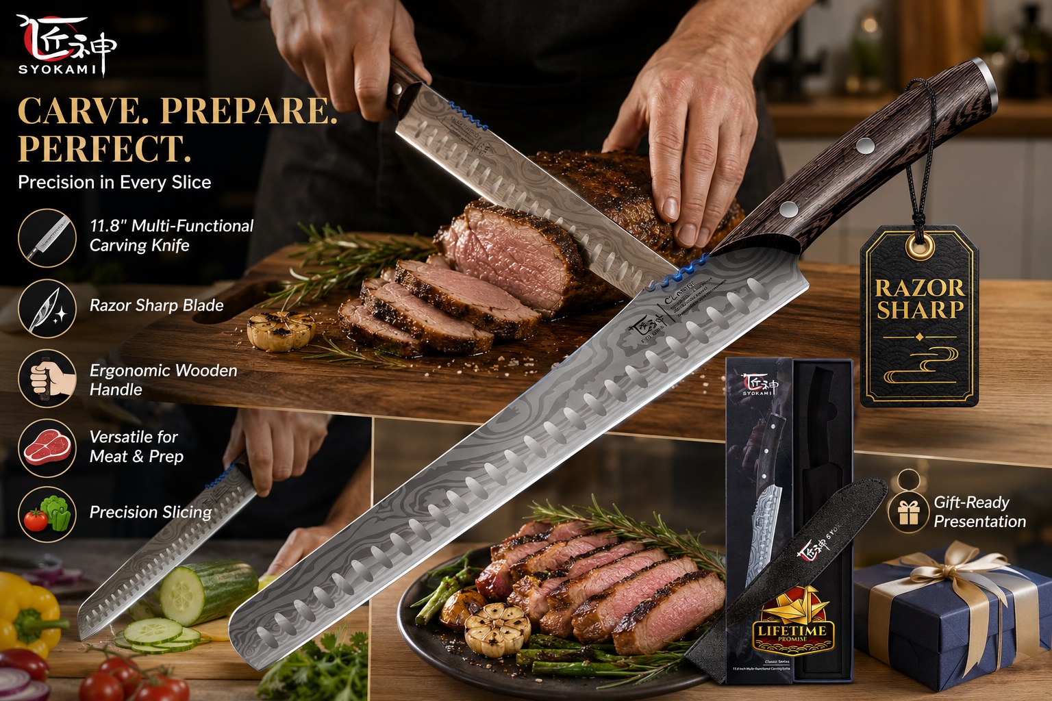SYOKAMI 11.8-inch multi-functional carving knife with a Damascus pattern blade and ergonomic wooden handle, shown slicing juicy roast beef alongside a gift-ready presentation box.