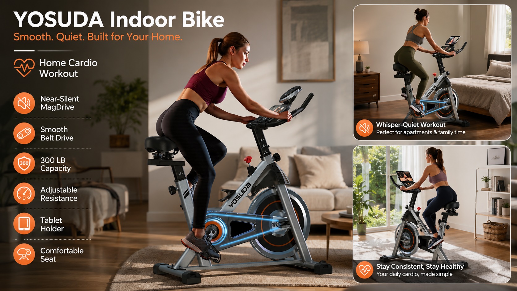Promotional graphic for the YOSUDA Indoor Bike featuring a woman cycling in a cozy living room, highlighted by key features like near-silent MagDrive, smooth belt drive, 300 lb weight capacity, and dual lifestyle inserts demonstrating quiet home workouts.