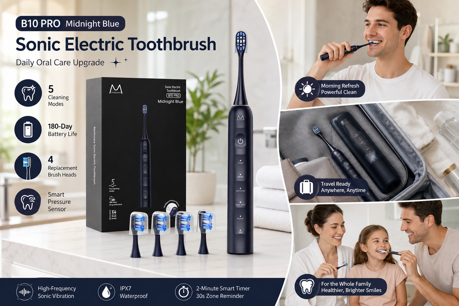 A feature-packed infographic for the B10 PRO Sonic Electric Toothbrush in Midnight Blue. On the left, it lists key features like 5 cleaning modes, 180-day battery life, 4 replacement brush heads, and a smart pressure sensor. The right side features life scene photos of a man brushing his teeth in the morning, the toothbrush in a suitcase for travel, and a happy family brushing together. Bottom icons show high-frequency vibration, IPX7 waterproof rating, and a 2-minute smart timer.