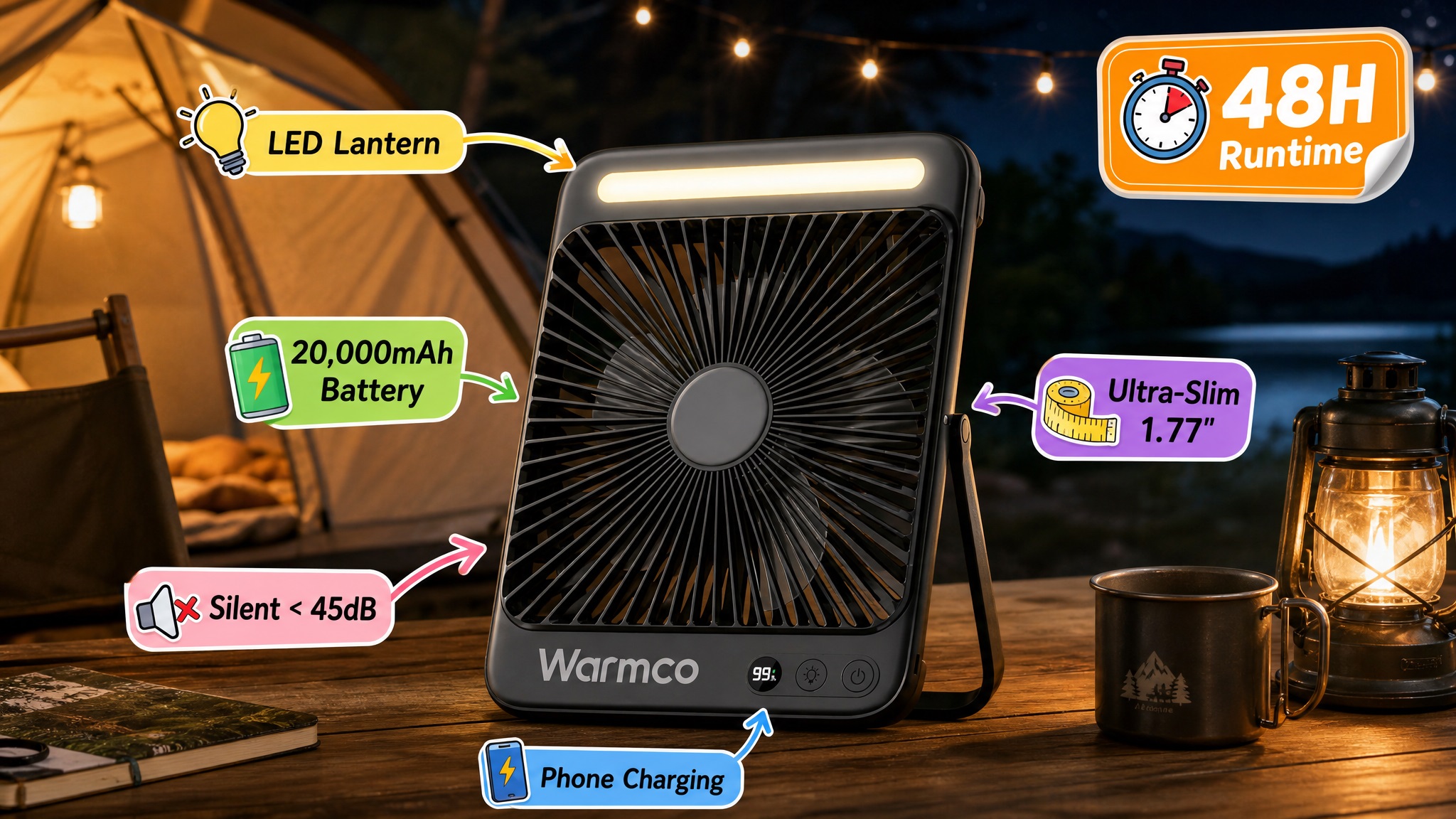 A product informational infographic image for a Warmco brand black, square, multi-functional portable camping fan in an outdoor camping setting. The fan sits on a wooden table, with six key features highlighted and explained with icons and text: at the top-left, a yellow lightbulb icon with text "LED Lantern"; at the mid-left, a green battery icon with text "20,000mAh Battery"; at the bottom-left, a muted speaker icon with text "Silent < 45dB"; at the top-right, an orange clock icon with text "48H Runtime"; at the mid-right, a ruler icon with text "Ultra-Slim 1.77''"; at the bottom, a smartphone icon with text "Phone Charging". The background shows a set-up tent, string lights, a distant lake and mountains, with a vintage kerosene lantern and a stainless steel mug on the table to the right, creating a cozy nighttime camping atmosphere.