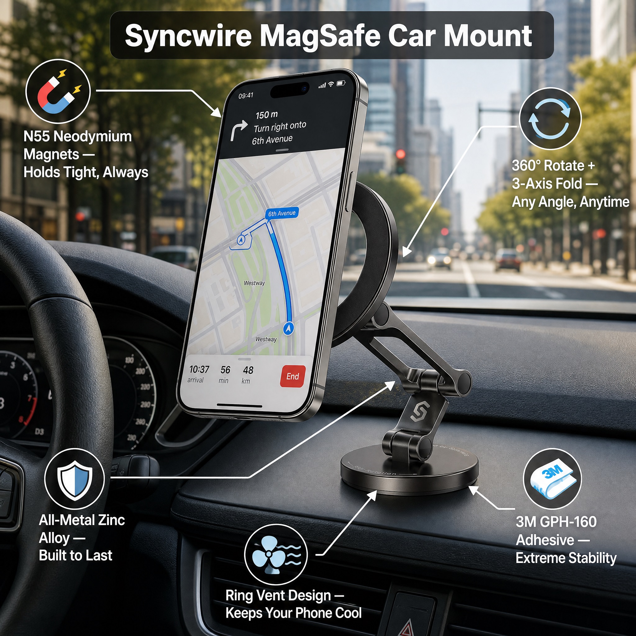 Syncwire MagSafe Car Mount mounted on a car dashboard holding an iPhone with a navigation map. The image highlights features including N55 Neodymium Magnets, all-metal zinc alloy construction, 360-degree rotation with 3-axis fold, ring vent cooling design, and 3M GPH-160 adhesive stability.