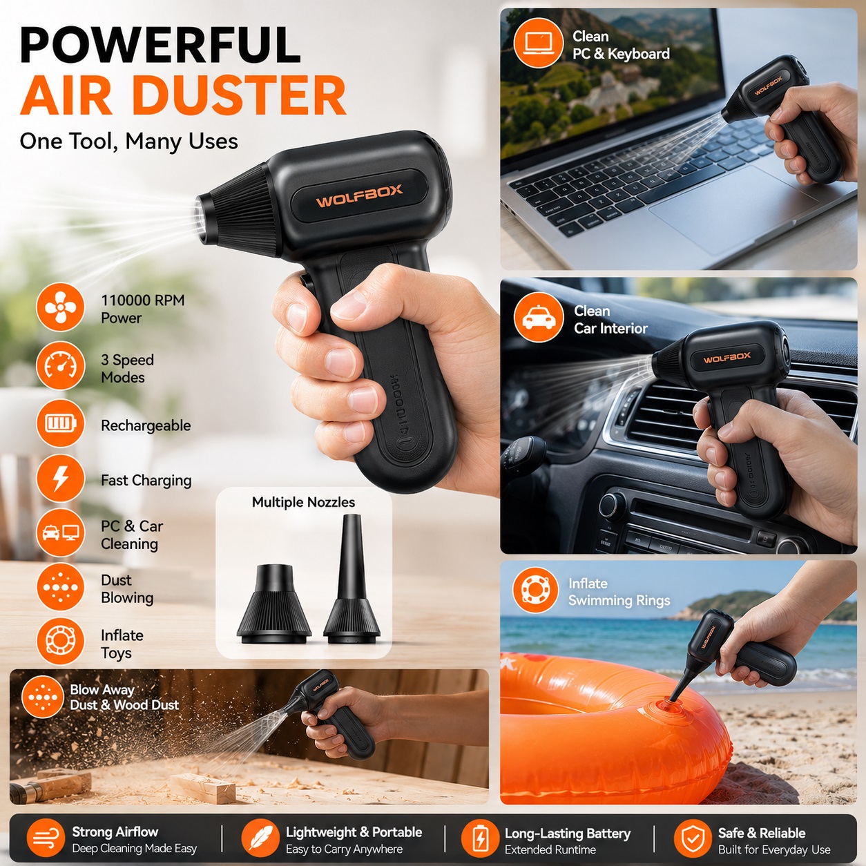 Promotional image for the WOLFBOX Powerful Air Duster, a multi-use tool.