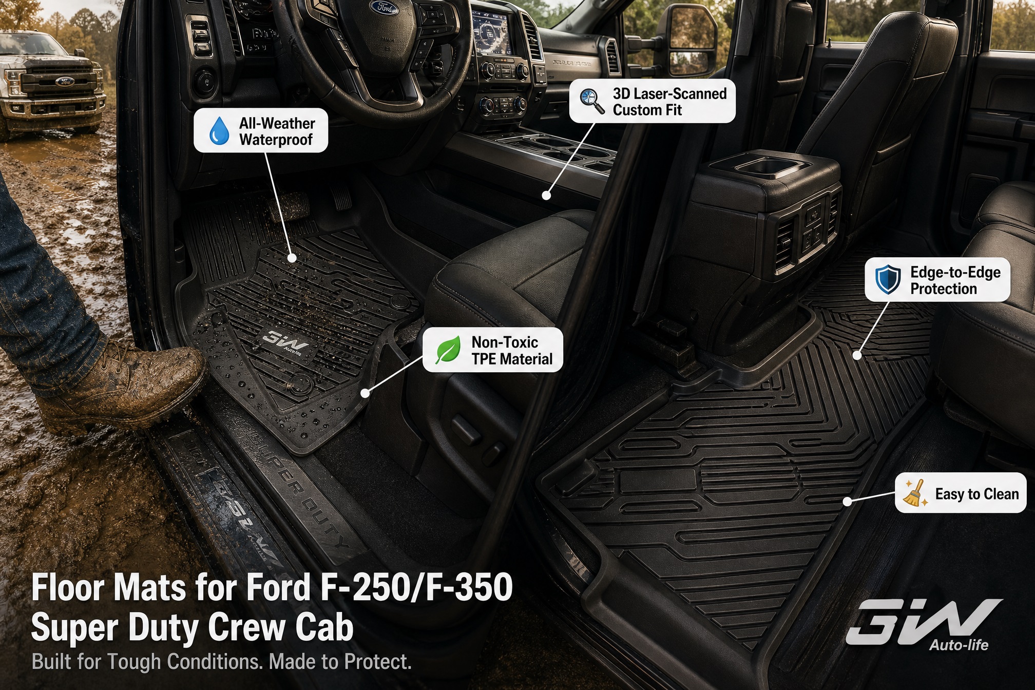 An image showcasing the 3W all-weather car floor mats installed in a Ford F-250/F-350 Super Duty Crew Cab.