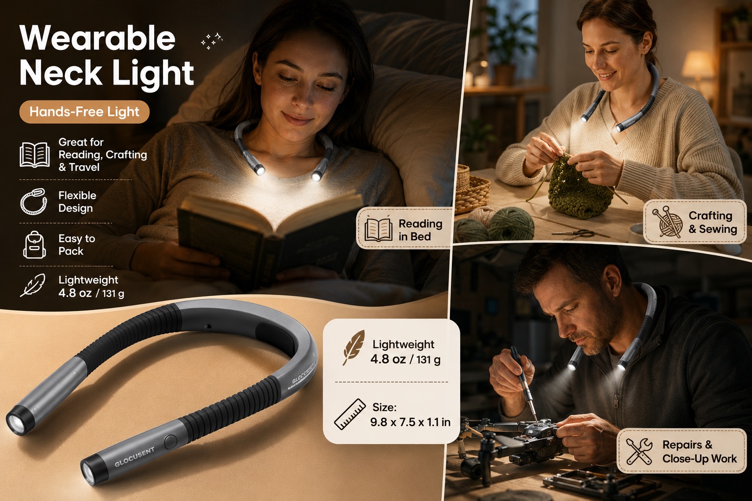 Glocusent Wearable Neck Light infographic showing hands-free use for reading in bed, crafting, and mechanical repairs.