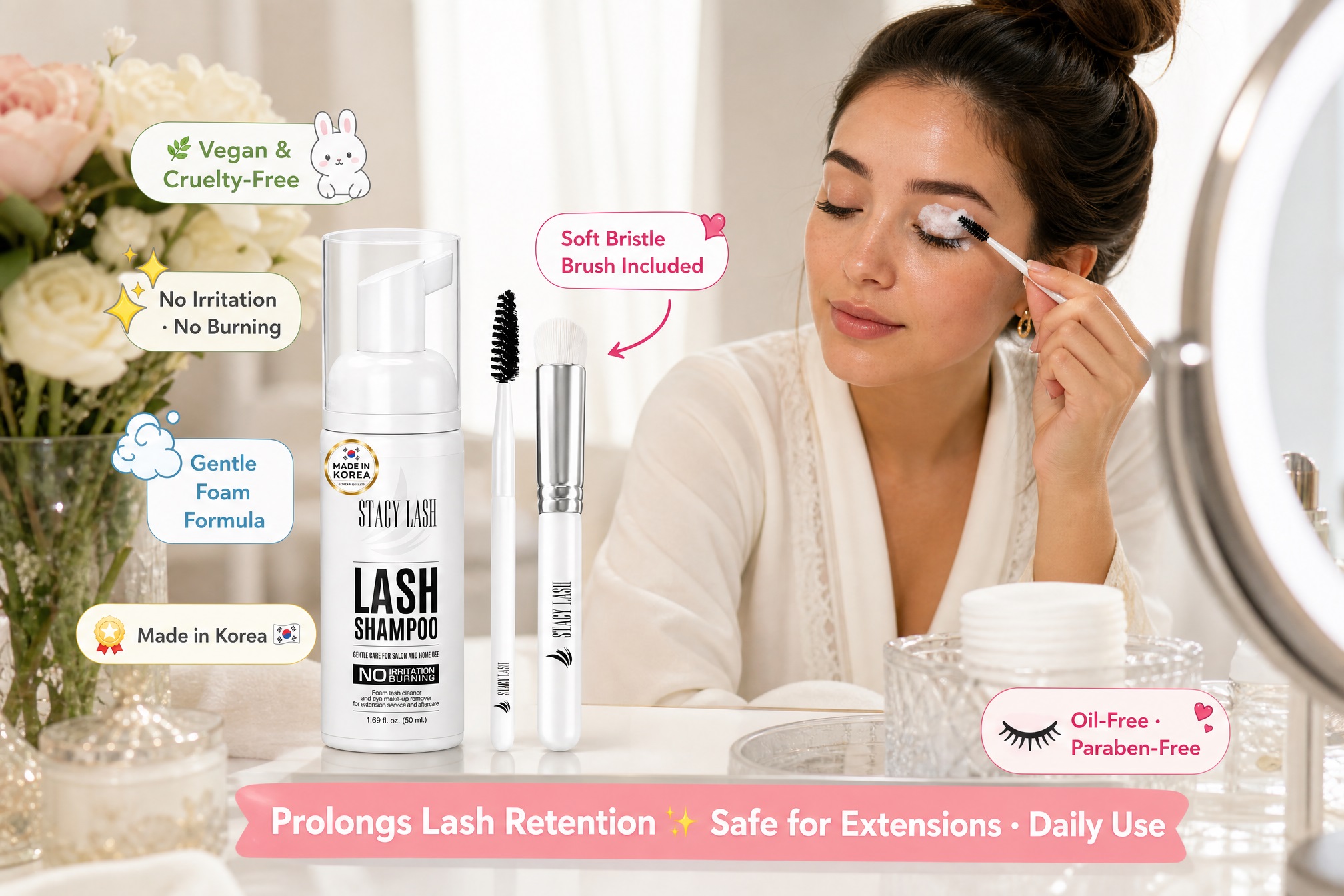 Stacy Lash Shampoo foaming eyelash cleanser bottle with soft bristle brush, mascara wand, and a woman applying foam, featuring gentle, oil-free, and vegan lash extension aftercare benefits.