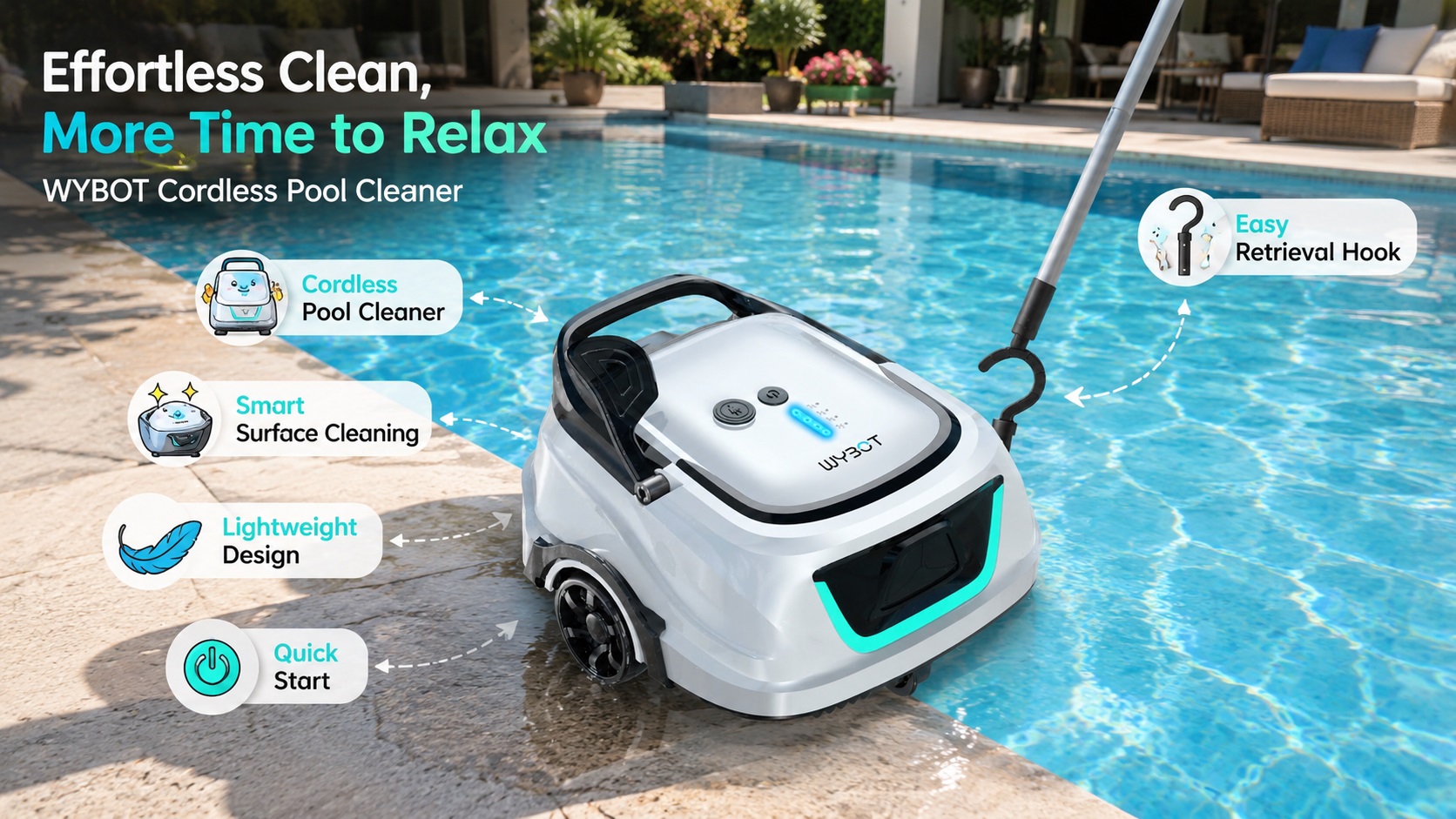 WYBOT Cordless Pool Cleaner resting by a swimming pool edge, highlighting features such as cordless design, smart surface cleaning, lightweight build, quick start, and easy retrieval hook.