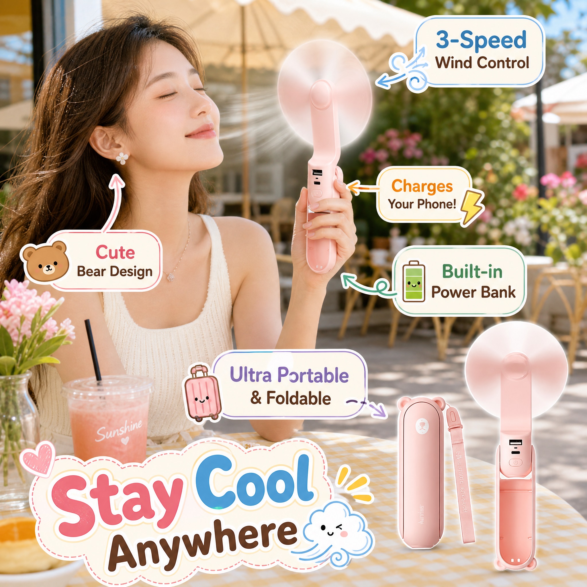A vibrant summer advertising image featuring a young woman on the left side outdoors in the sunshine, closing her eyes as she enjoys a cool breeze from a bear-themed pink portable fan.