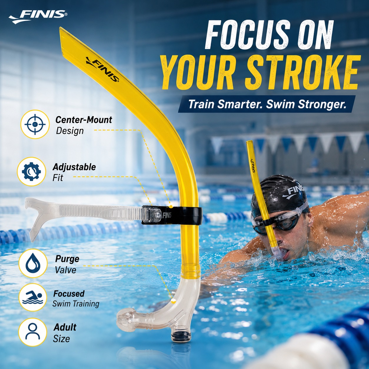 FINIS Original Swimmer's Snorkel featuring center-mount design, adjustable fit, and purge valve, demonstrated by a swimmer in a pool set against feature highlight icons.
