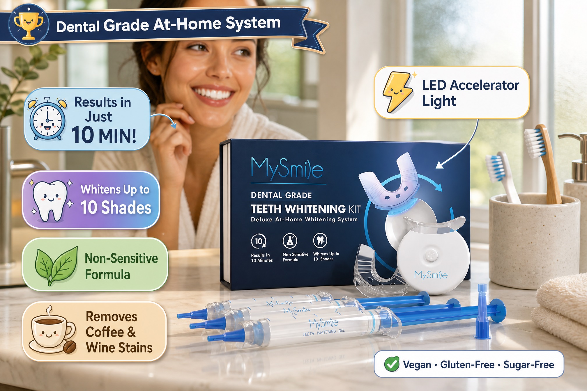 Infographic for MySmile Dental Grade At-Home Teeth Whitening Kit, highlighting key features: results in 10 minutes, whitens up to 10 shades, non-sensitive formula, removes coffee and wine stains, and includes an LED accelerator light. The product box, whitening gel syringes, and LED tray are shown on a countertop with a smiling woman in the background. The kit is vegan, gluten-free, and sugar-free.