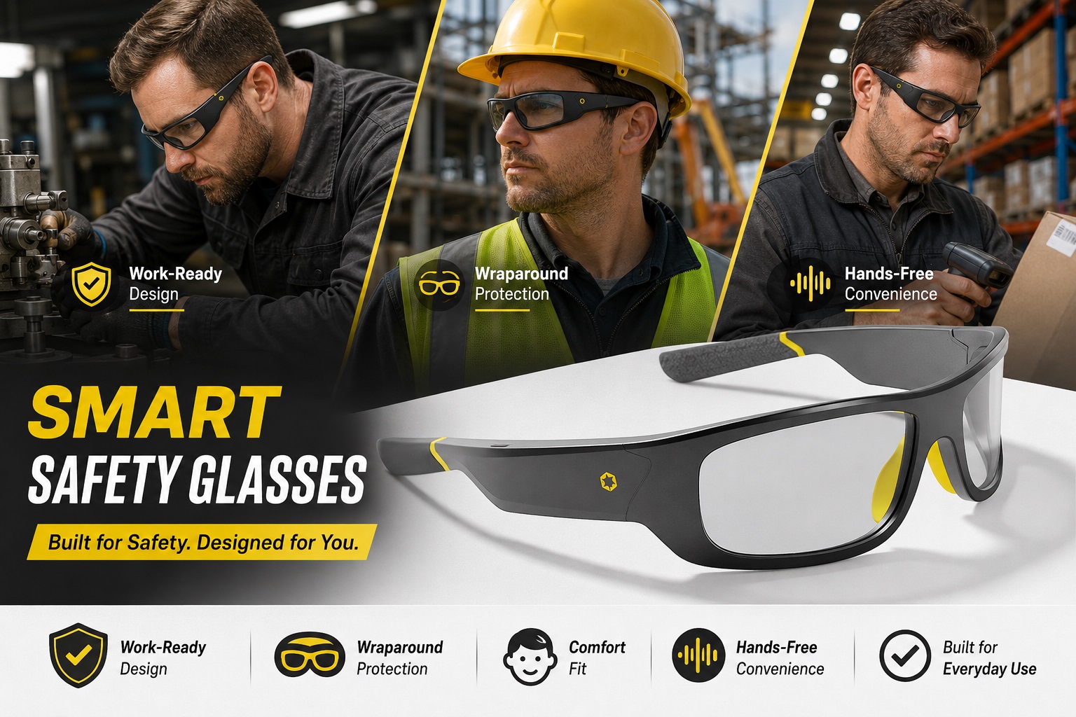 Promotional graphic for Smart Safety Glasses featuring a black and yellow wraparound protective eyewear design. Top section shows workers operating machinery, at a construction site, and scanning packages. Bottom section highlights key features: Work-Ready Design, Wraparound Protection, Comfort Fit, Hands-Free Convenience, and Built for Everyday Use.