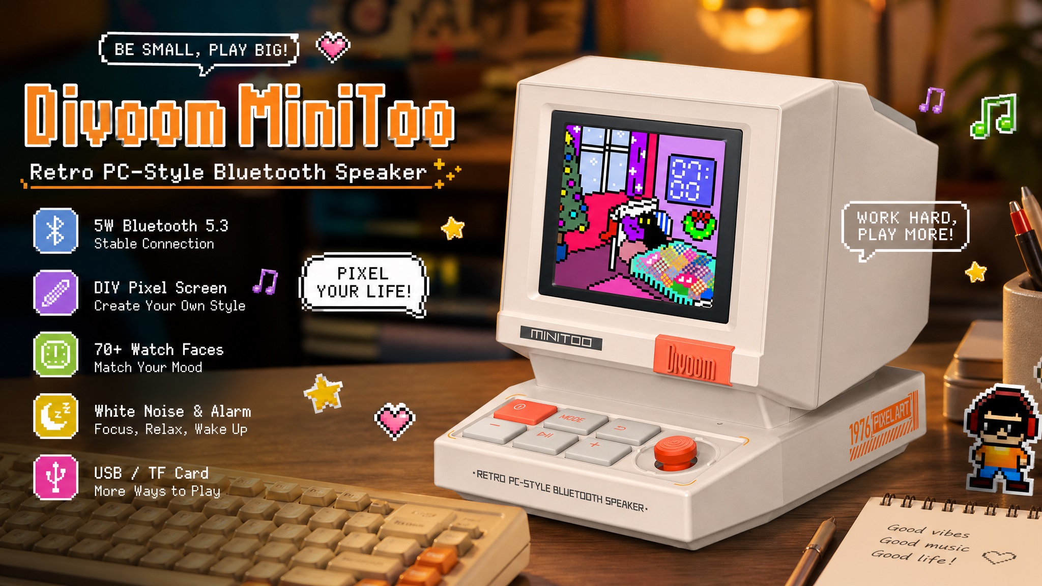 Divoom MiniToo retro PC-style Bluetooth speaker featuring a pixel art display, retro keyboard buttons, and product key specs on a cozy wooden desk setup.