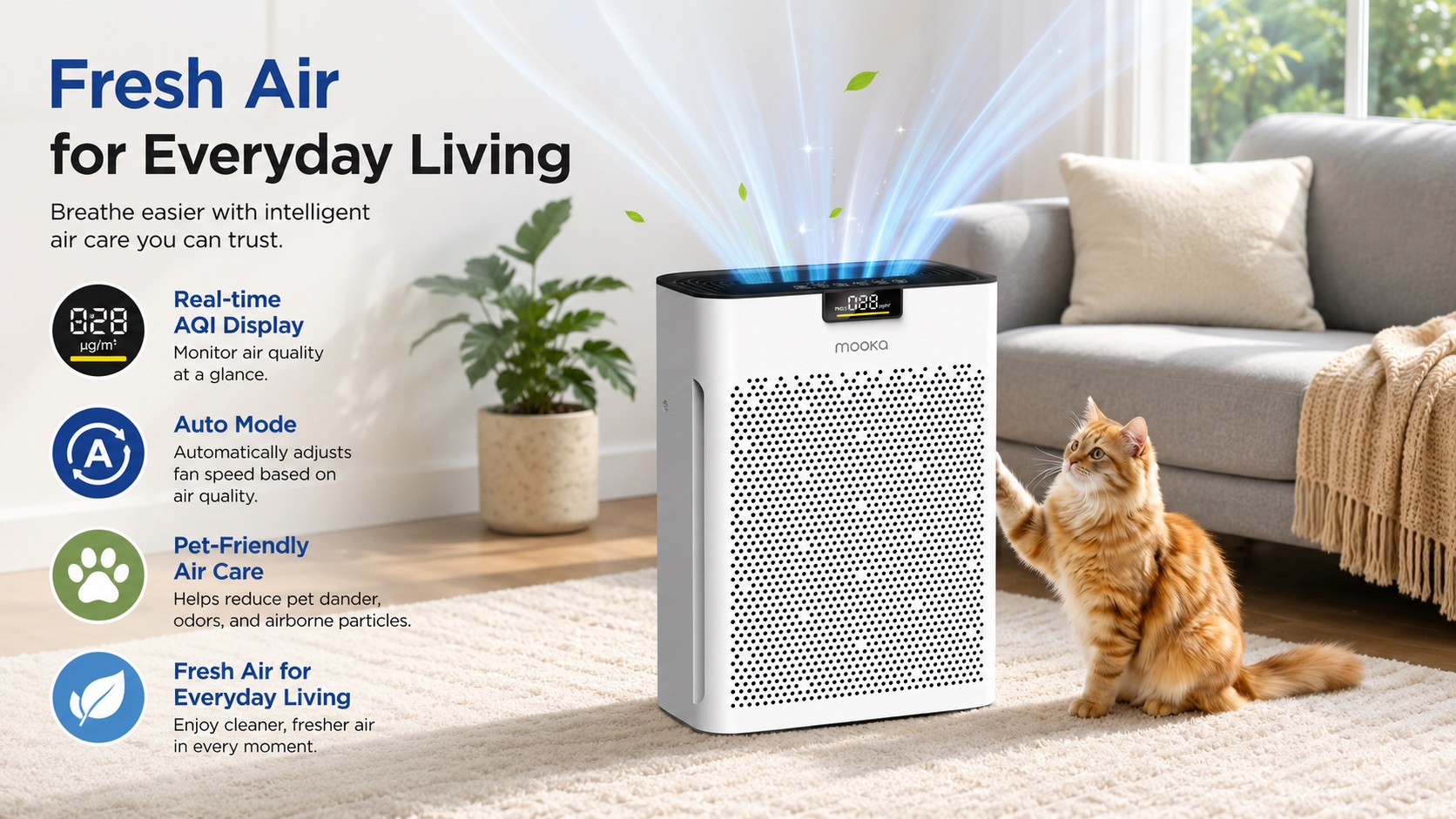 This image showcases a MOOKA air purifier working in a living room, providing fresh air for everyday living.