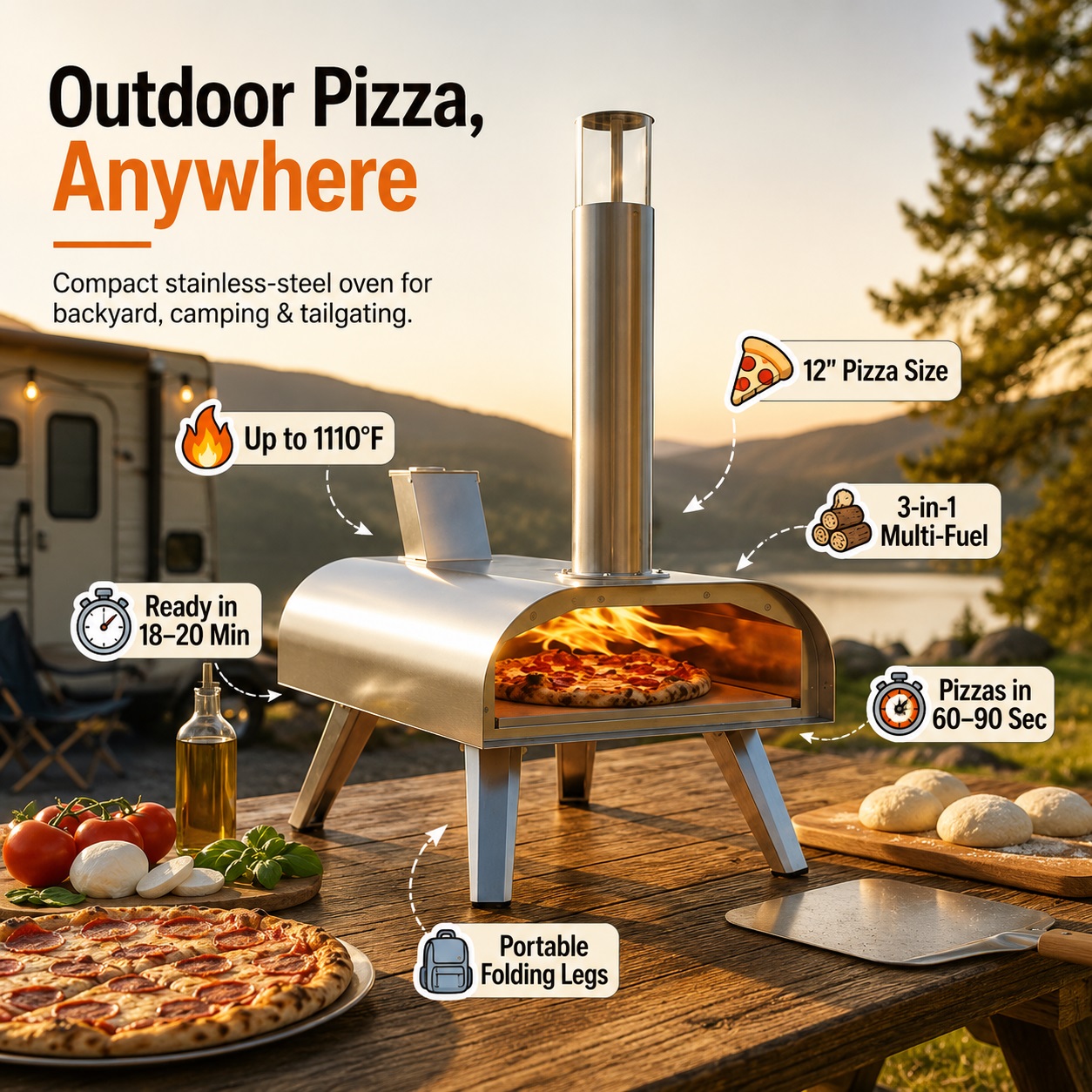 Big Horn Outdoors 12-inch compact stainless-steel outdoor pizza oven with portable folding legs on a wooden picnic table, featuring 3-in-1 multi-fuel capability and heating up to 1110°F.