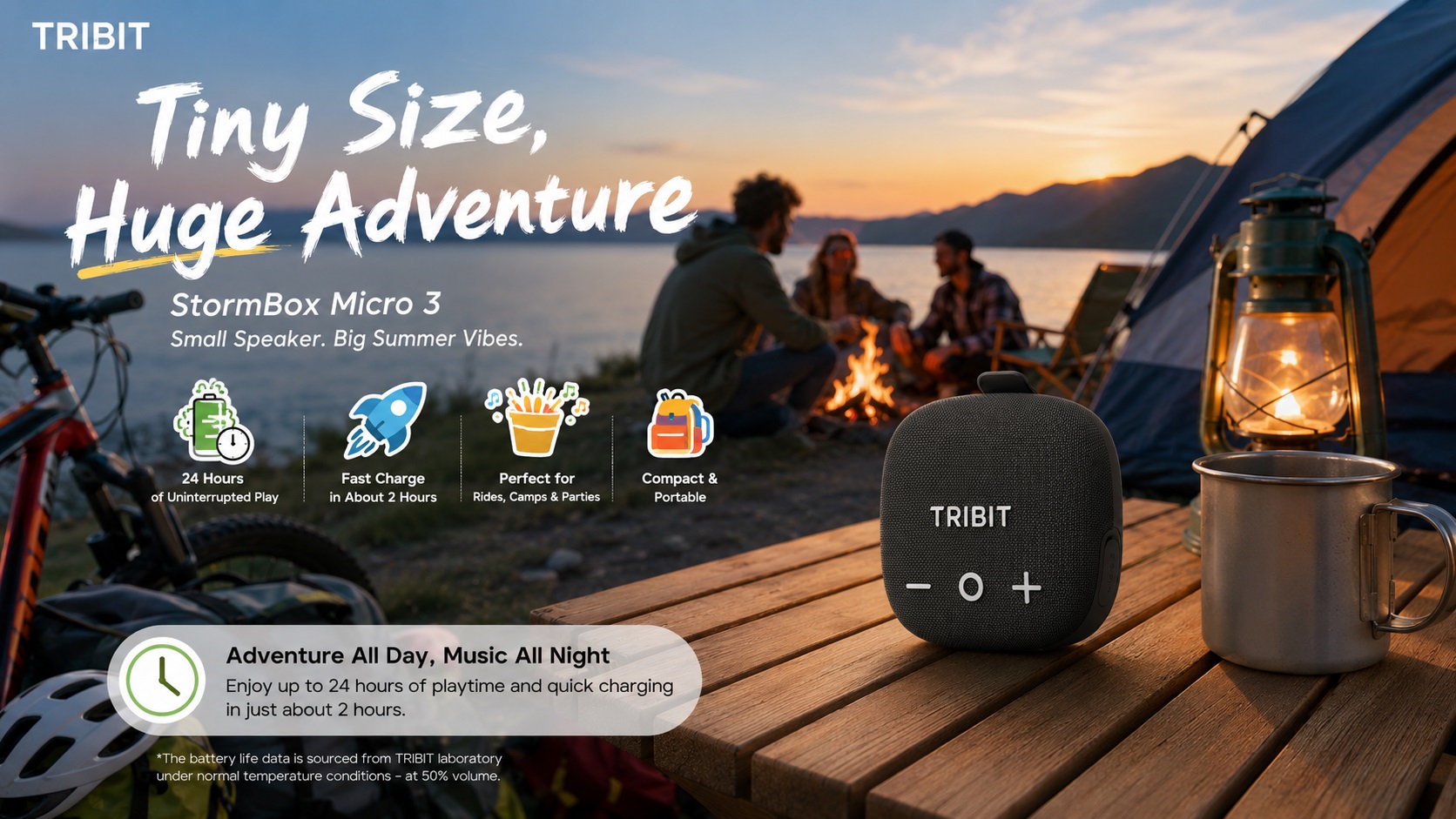 An outdoor promotional image for the TRIBIT StormBox Micro 3 portable Bluetooth speaker. The speaker is on a wooden table by a lake, with people camping by a bonfire and a bicycle in the background at sunset. The large text at the top reads "Tiny Size, Huge Adventure," along with four feature icons for the speaker: 24 hours of play, fast charge in about 2 hours, perfect for rides and camps, and compact & portable.