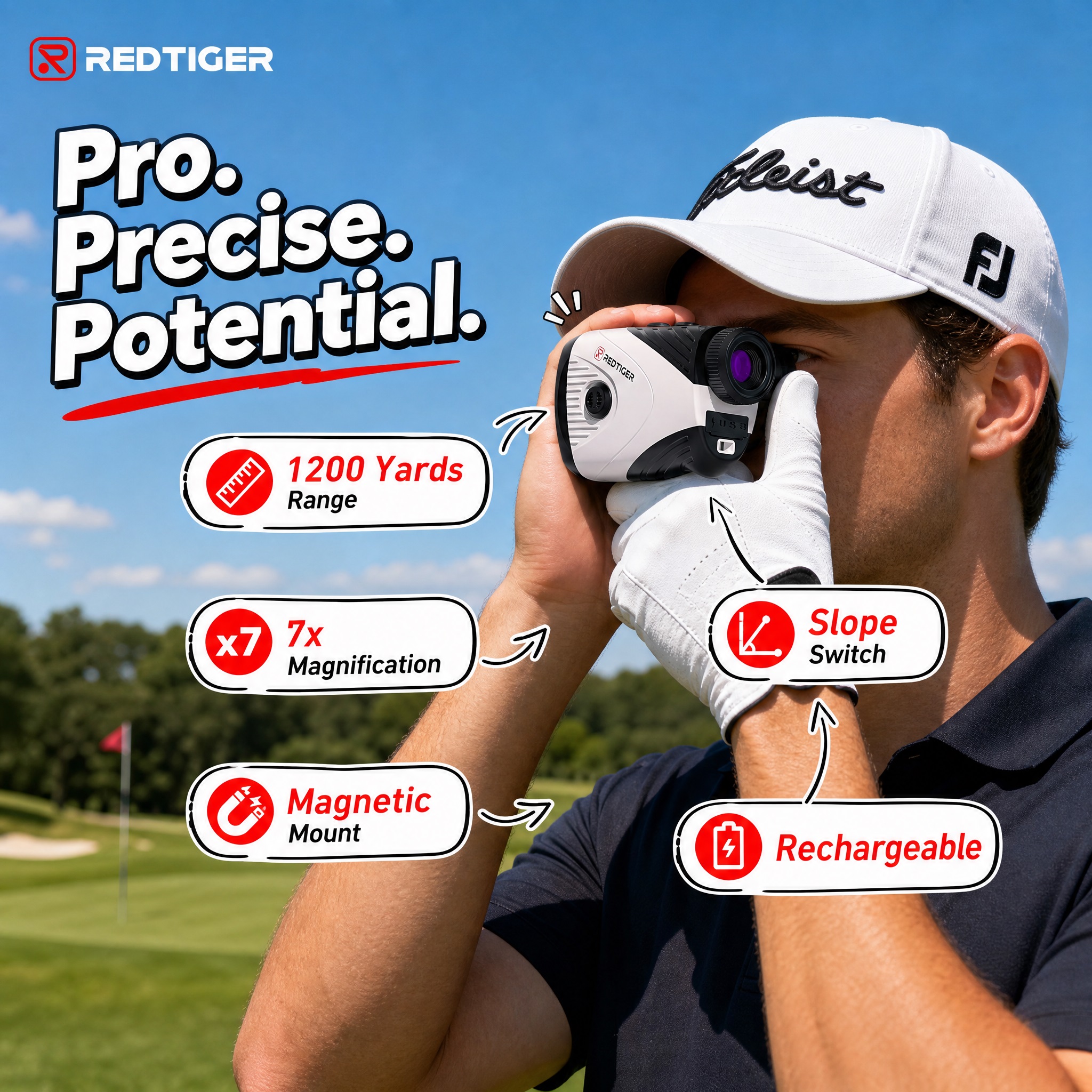 A golfer using the REDTIGER Golf Rangefinder on a course, highlighting features: 1200 Yards Range, 7x Magnification, Slope Switch, Magnetic Mount, and Rechargeable battery.