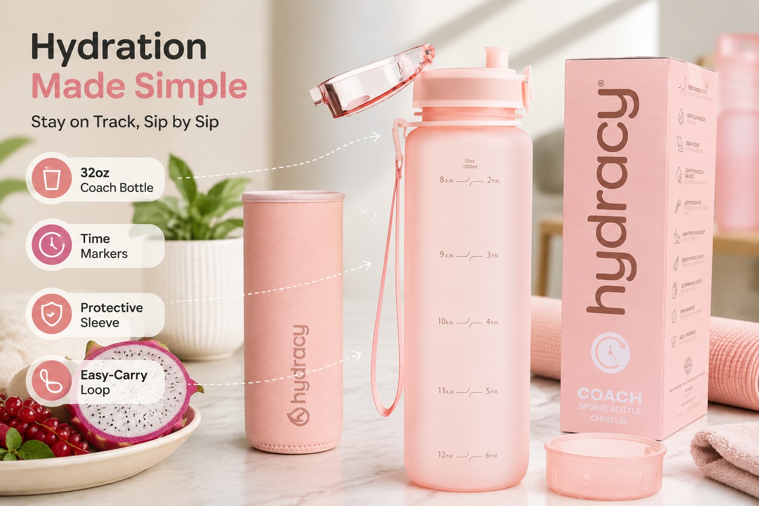 A promotional image for the Hydracy 32oz Coach Water Bottle, featuring a frosted pink bottle, a matching pink protective sleeve, its packaging box, and fruits (dragon fruit and red currants). Icons and text on the left highlight four product features: 32oz Coach Bottle, Time Markers, Protective Sleeve, and Easy-Carry Loop. The packaging box on the right lists additional features like BPA Free and Fast Flow Nozzle. The bottle clearly shows time markers from 8 A.M. to 6 P.M.