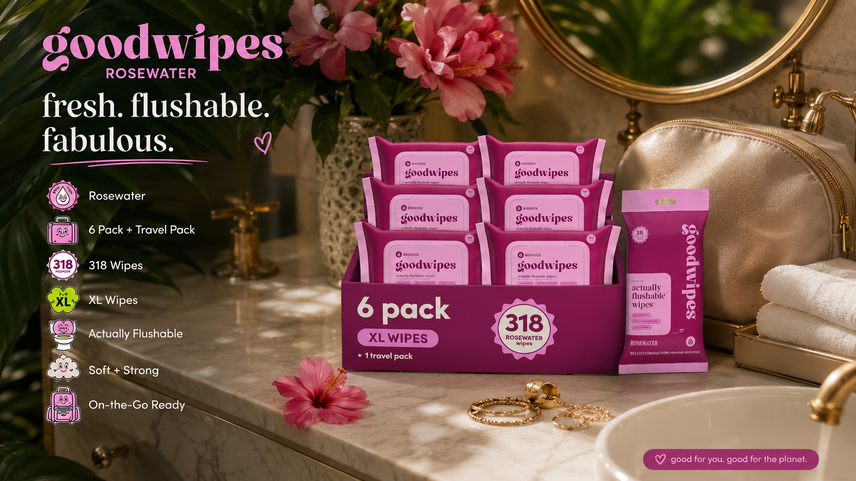 Goodwipes Rosewater flushable wipes bundle on a marble countertop, featuring a 6-pack box and 1 travel pack with a total of 318 XL wipes. Displayed with pink hibiscus and key product features on the left.