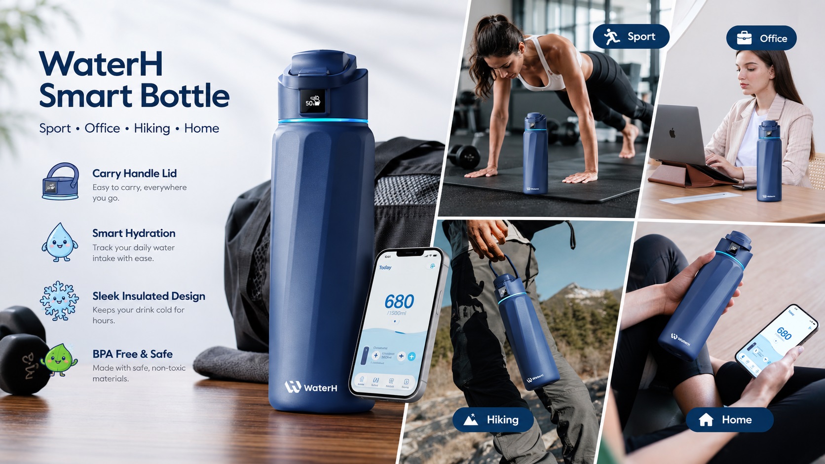 WaterH Smart Bottle product banner showcasing blue insulated smart water bottles in various usage scenarios, including sports, office work, outdoor hiking, and home, paired with a smartphone app for tracking daily water intake.