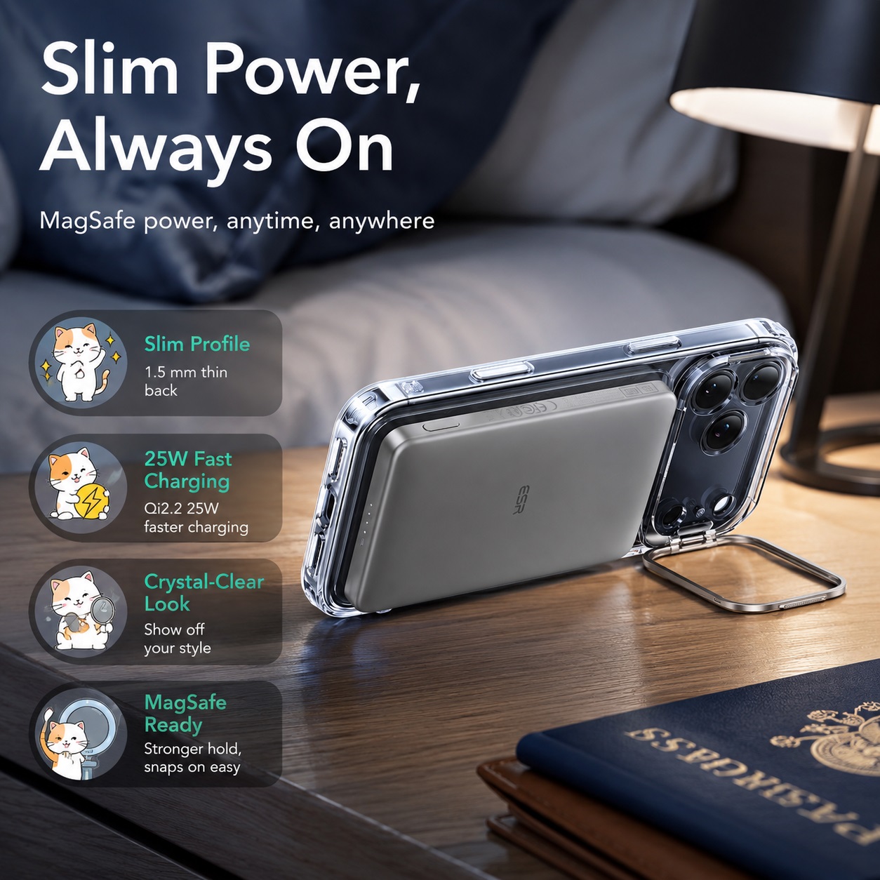 An advertisement image titled "Slim Power, Always On" shows a clear iPhone case with a gray external battery pack magnetically attached to the back and charging. The case has an integrated silver camera lens guard that is being used as a kickstand to prop the phone up on a wooden desk next to a dark notebook.