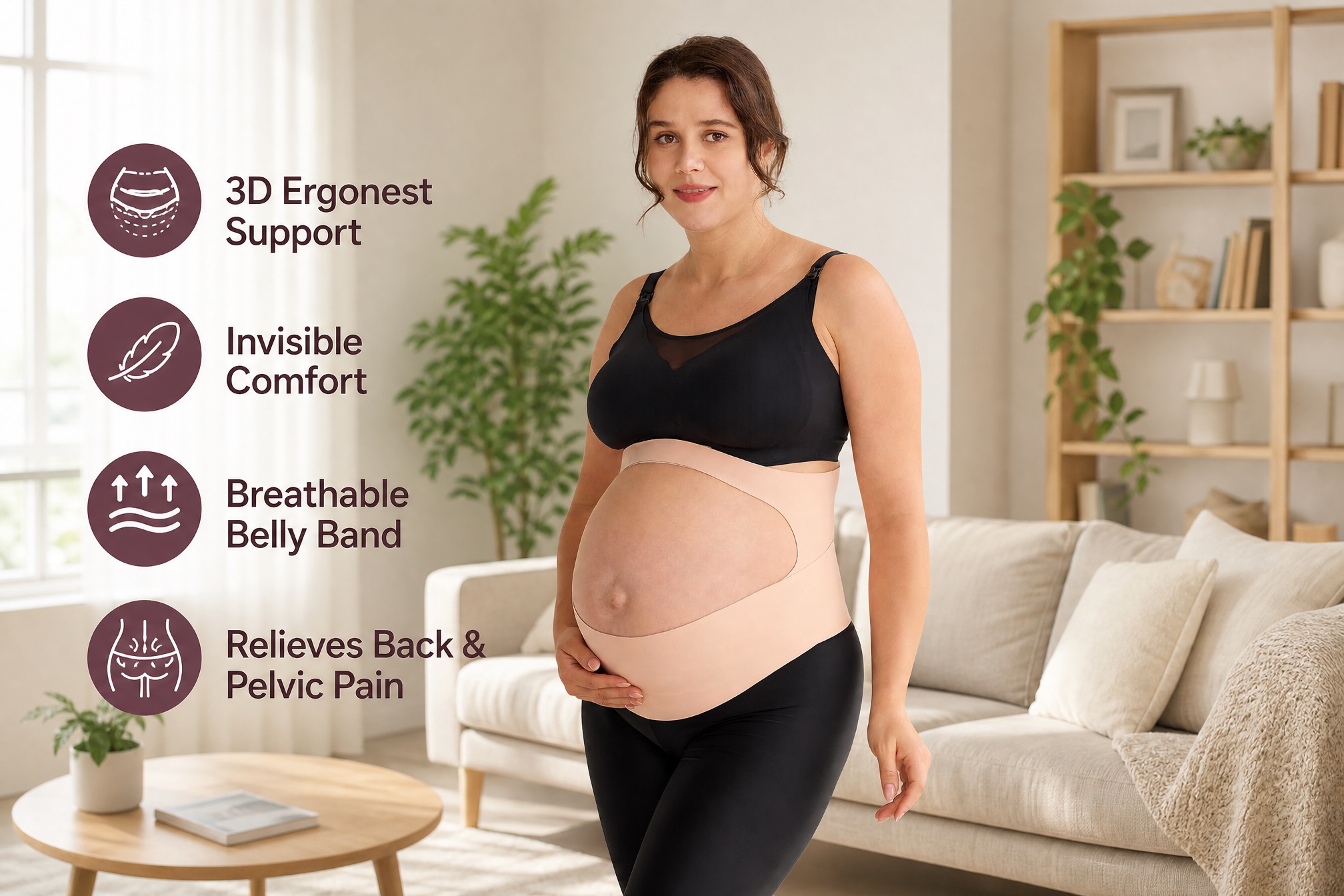 Pregnant woman wearing a beige maternity belly band and black nursing bra in a living room, highlighting features: 3D Ergonomic Support, Invisible Comfort, Breathable Belly Band, and Relieves Back & Pelvic Pain.
