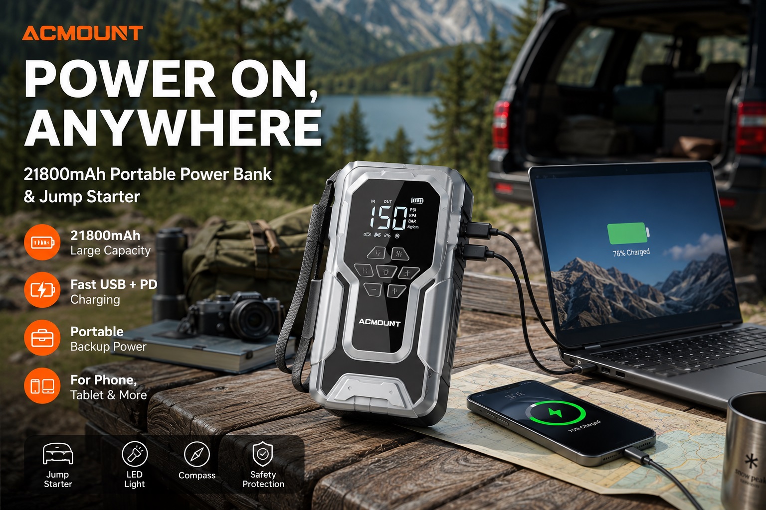 ACMOUNT 21800mAh Portable Power Bank and Jump Starter powering a smartphone and laptop outdoors, featuring fast USB and PD charging, LED light, and compass.