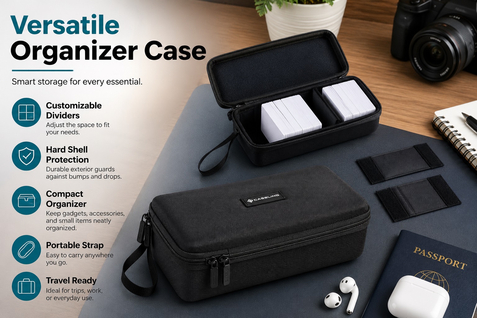 CASELING versatile hard-shell organizer case with customizable dividers showing playing cards inside, placed next to a passport and wireless earbuds on a desk.
