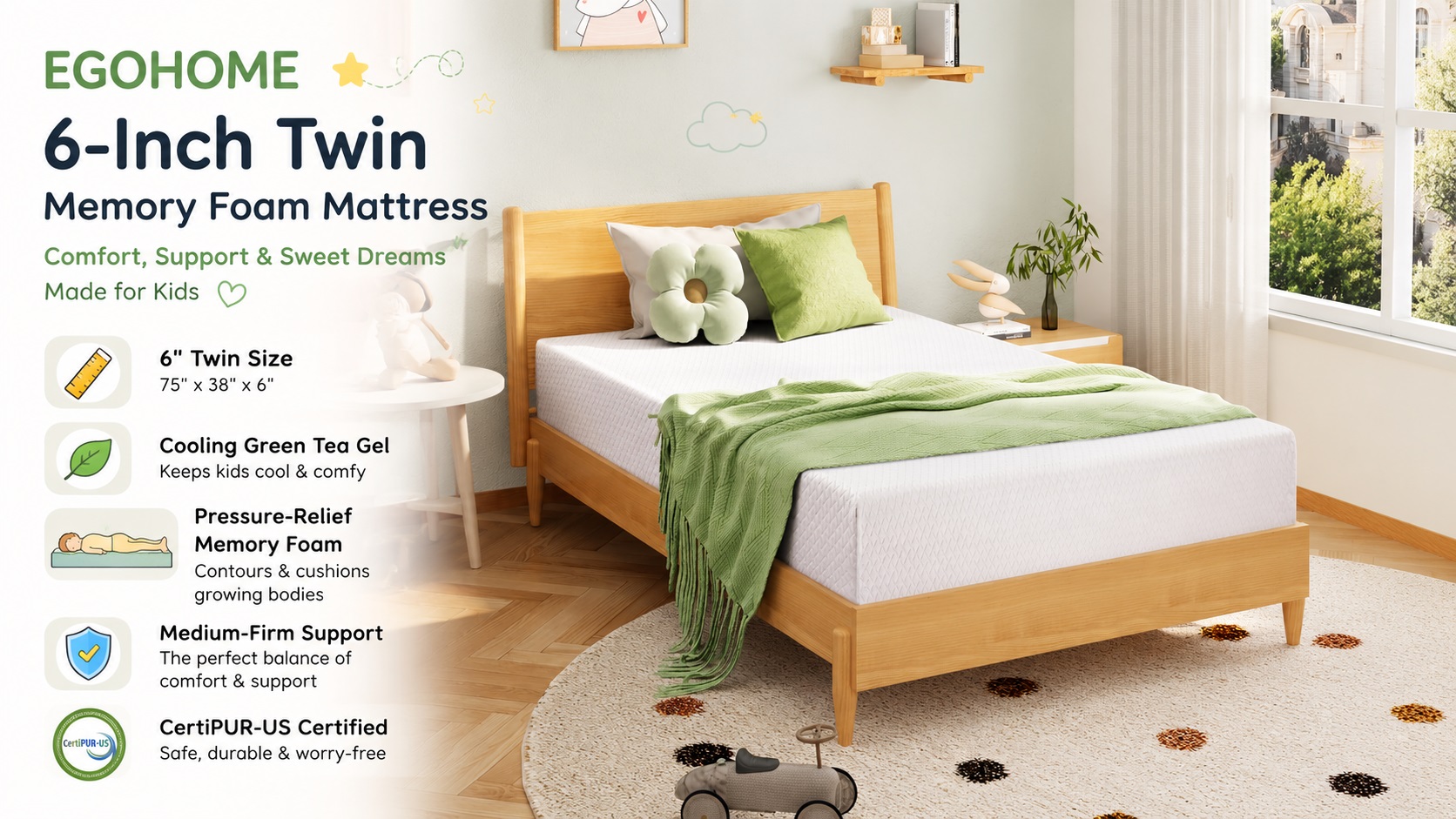 Promotional image for EGOHOME 6-Inch Twin memory foam mattress made for kids, highlighting cooling green tea gel, pressure-relief, medium-firm support, and CertiPUR-US certification icons, set on a light wood bed frame in a cozy kid's room.