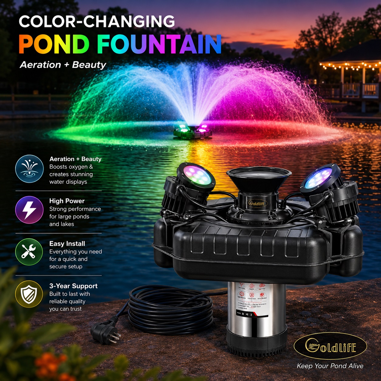 Goldlife floating pond fountain pump with 4 RGB lights set on a wooden dock beside a long coiled power cord, with a illuminated colorful water fountain spray in a lake during sunset in the background.