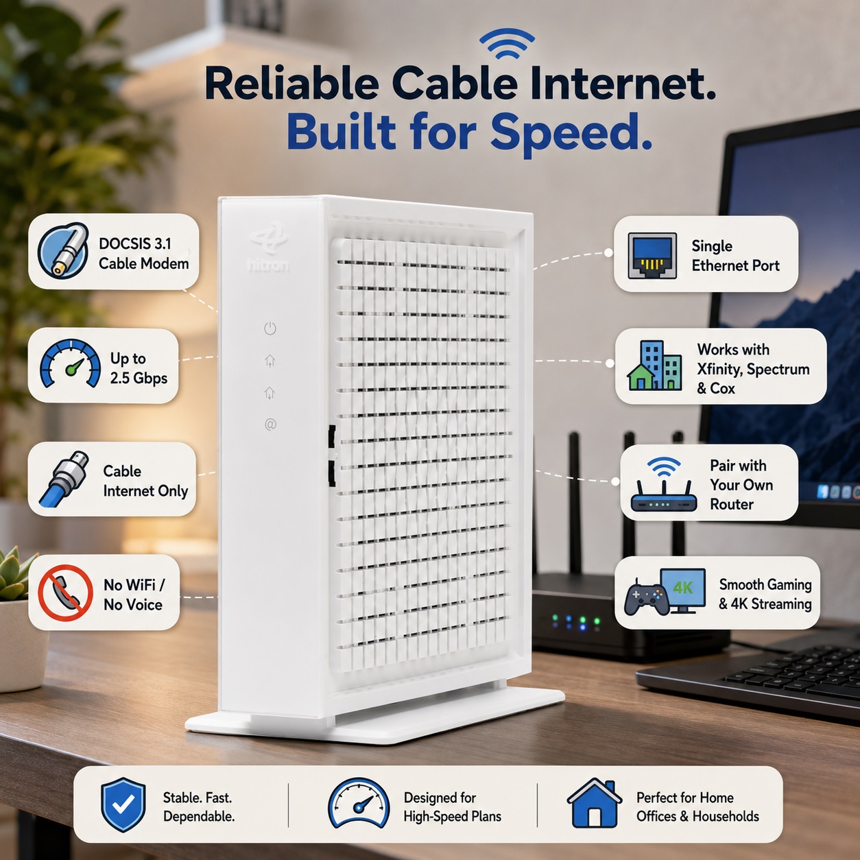 A white Hitron CODA56 DOCSIS 3.1 cable modem standing vertically on a wooden desk next to a computer setup, highlighting key specs like 2.5 Gbps speed, single Ethernet port, and compatibility with Xfinity, Spectrum, and Cox.