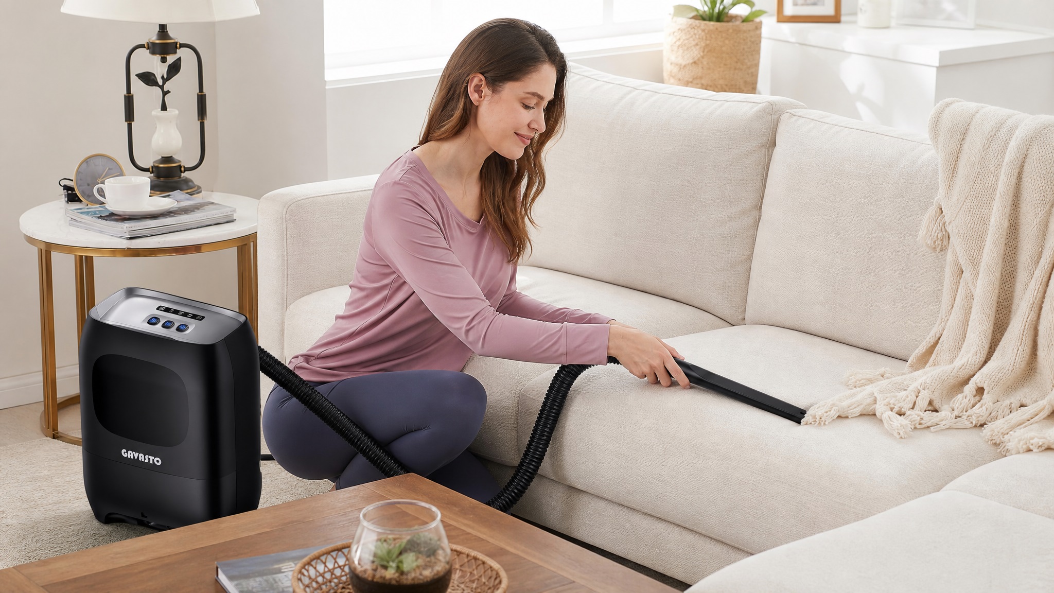 A smiling woman using the hose attachment of a black GAVASTO touchless vacuum to clean a cream-colored fabric sofa in a modern living room.